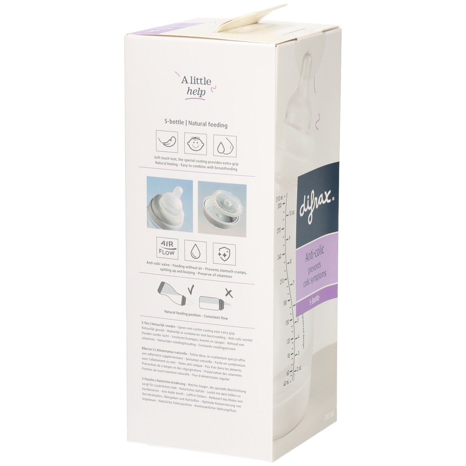 Verpackung mit Babyflasche. Sichtbar: Marke, Anti-Kolik-Funktion, S-Flasche, Produktinformationen. Flasche in der Verpackung.