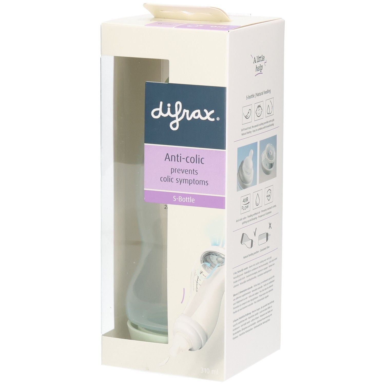 Verpackung mit Babyflasche. Sichtfenster zeigt Flasche. Aufschrift: difrax, Anti-colic, S-Bottle.