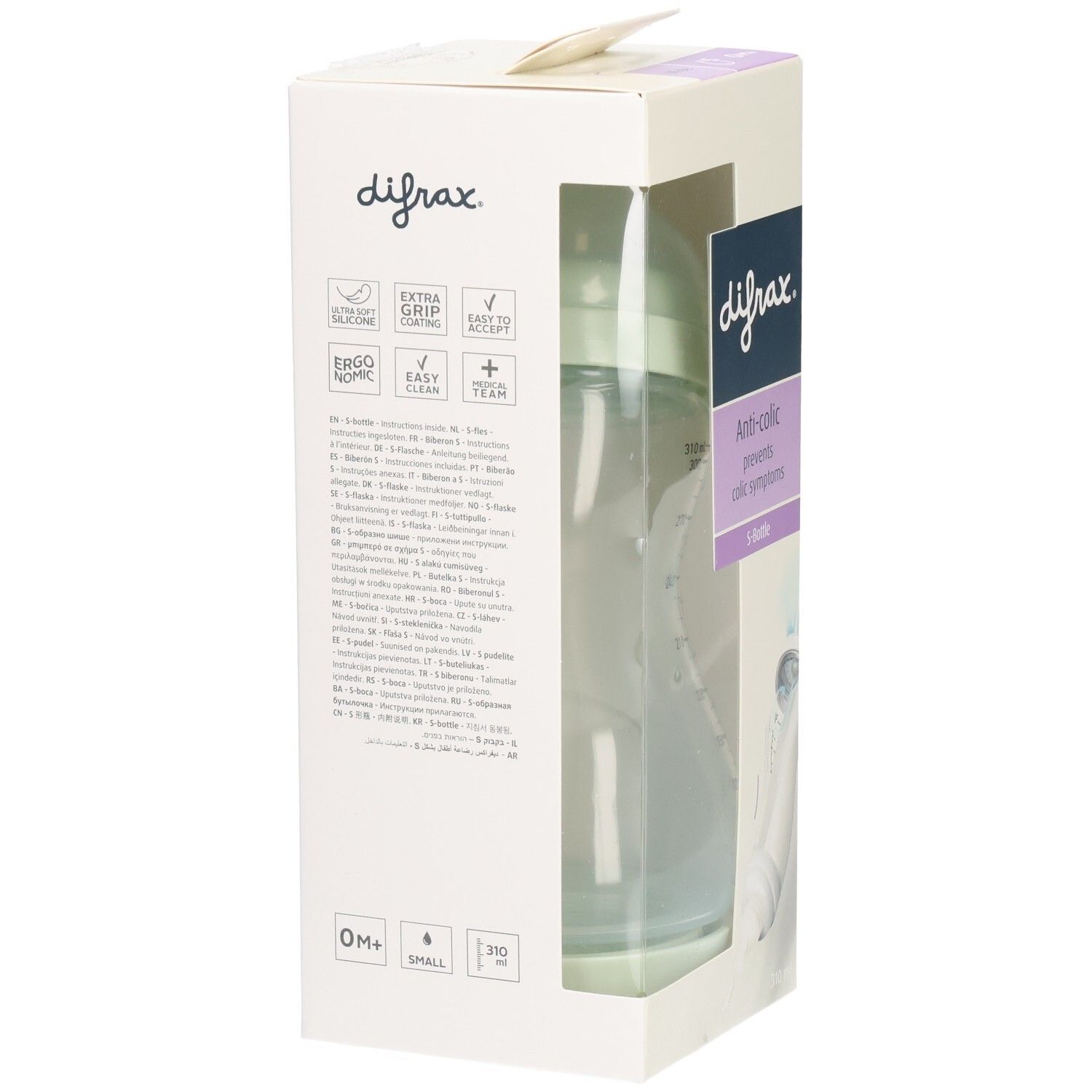 Verpackung mit Babyflasche. Flasche grünlich. Aufschrift: difrax, Anti-colic, S-Bottle. 0m+, 310 ml.