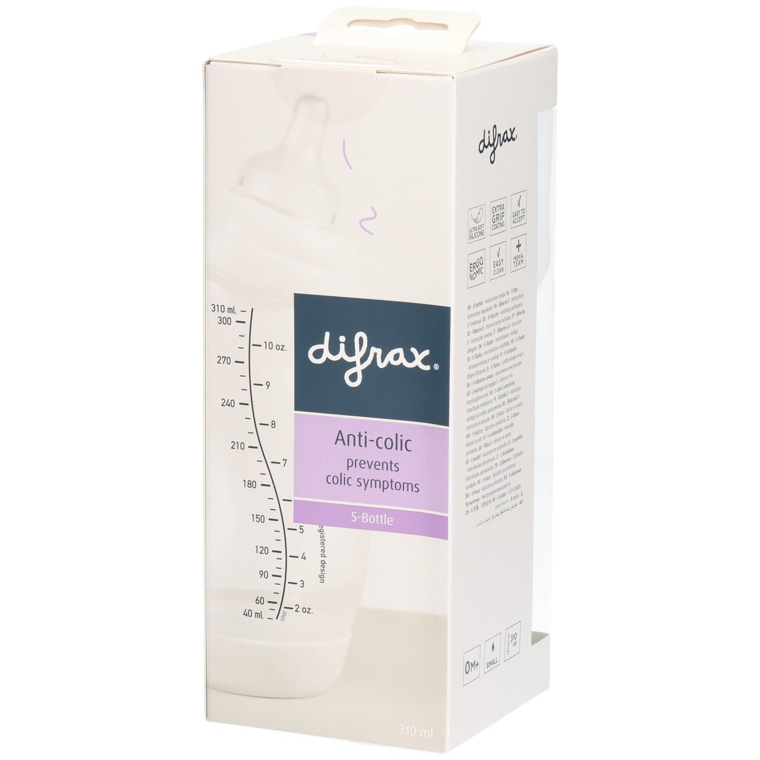 Verpackung mit Babyflasche. Skala in ml. Aufschrift: difrax, Anti-colic, S-Bottle.