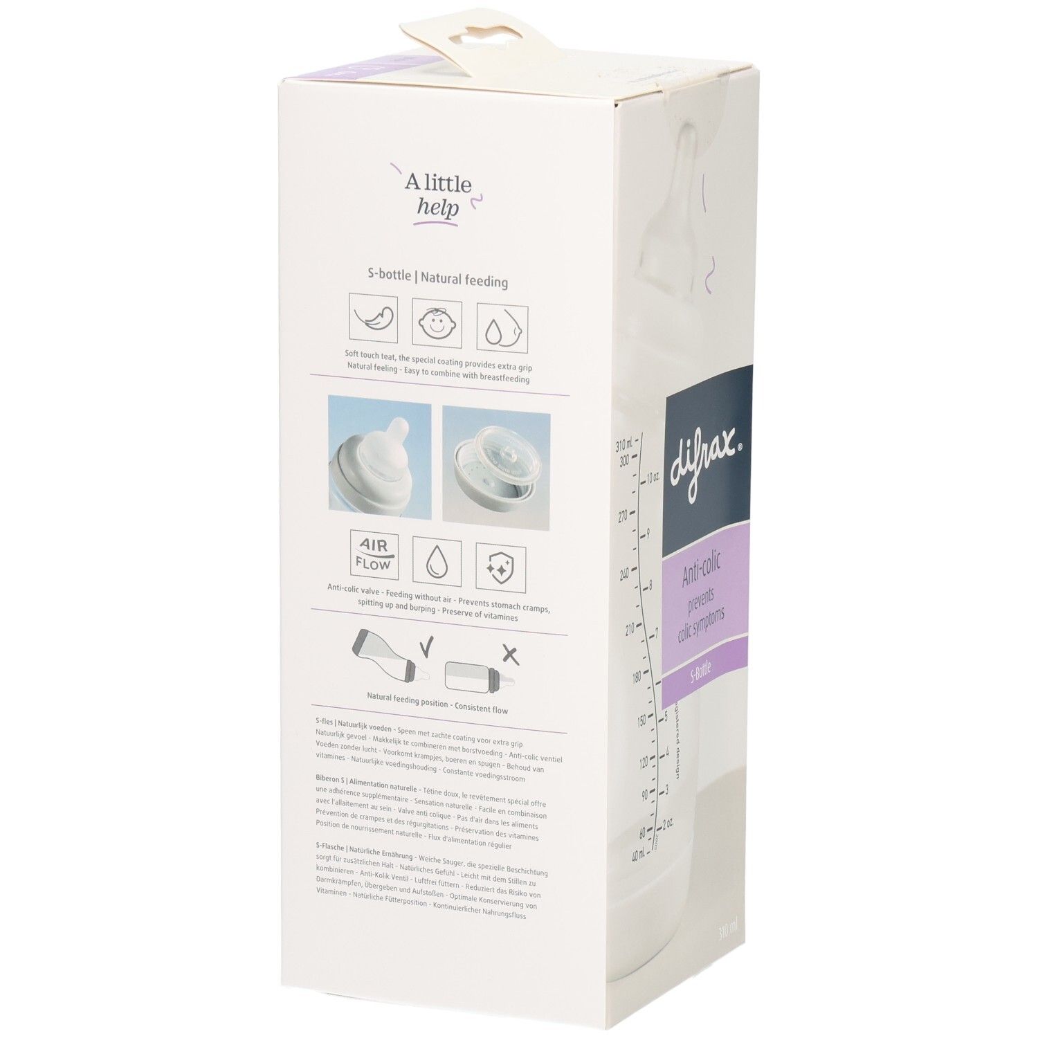 Verpackung mit Babyflasche. Rückseite mit Illustrationen. Aufschrift: difrax, Anti-colic, S-Bottle.