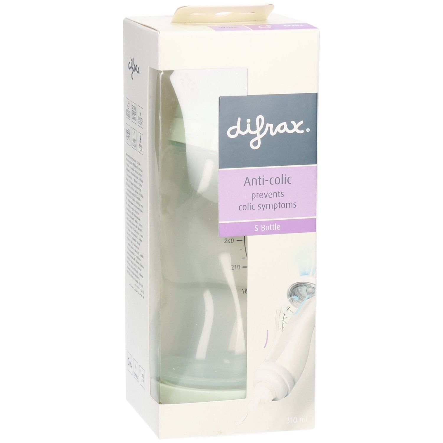 Verpackung mit Babyflasche. Aufschrift: difrax, Anti-colic, S-Bottle. Sichtfenster zeigt Flasche.