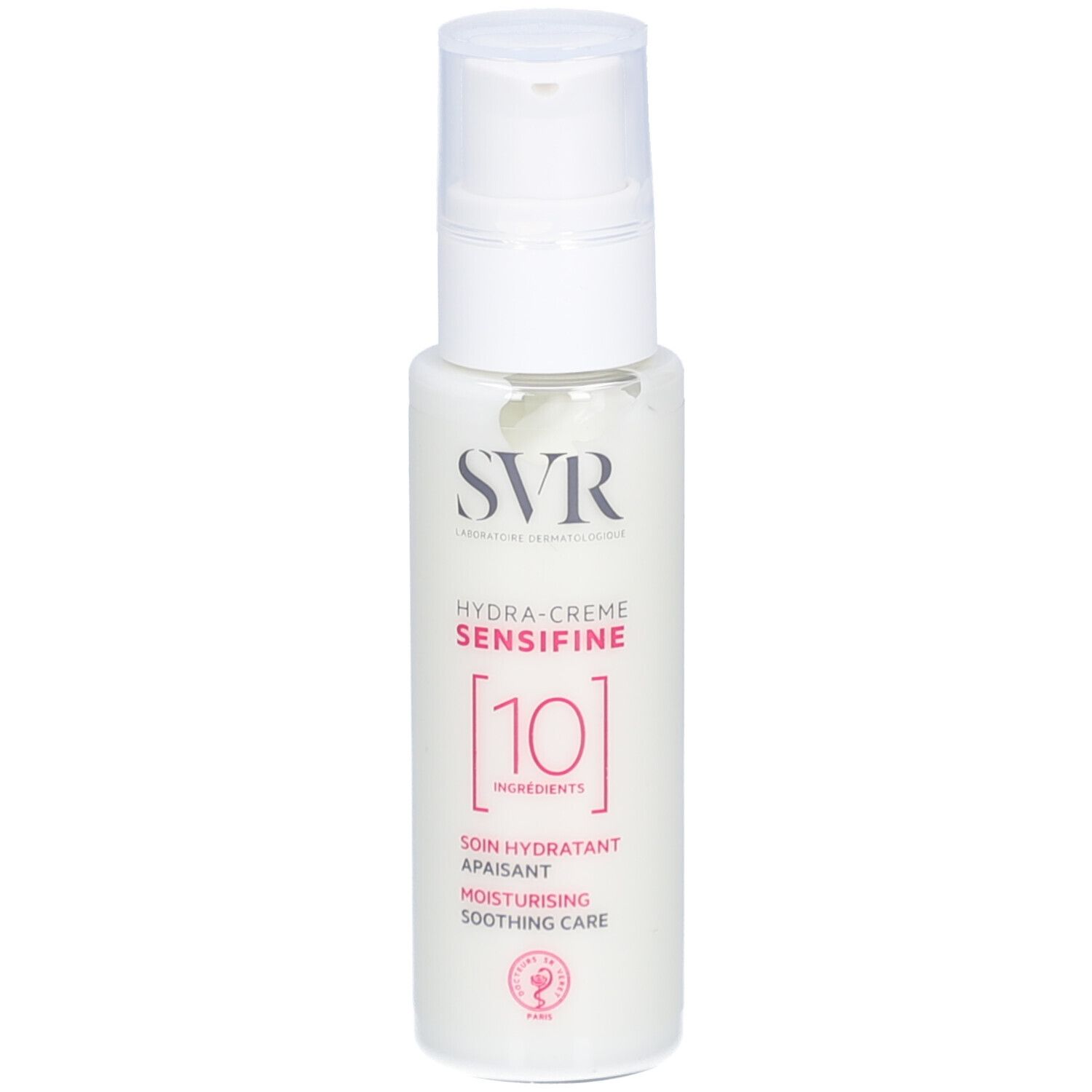 Weiße Flasche mit Dosierpumpe. Aufschrift: SVR, Hydra-Crème Sensifine [10]. Text: Soin hydratant apaisant, Moisturising soothing care.