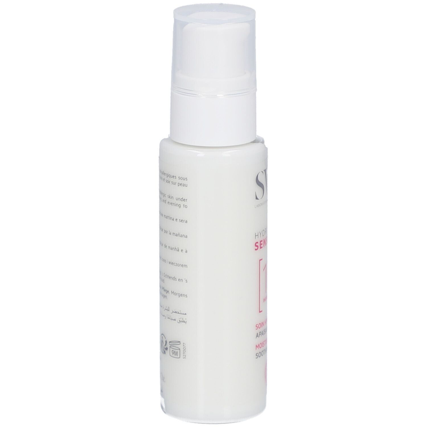 Weiße Flasche mit Text auf der Rückseite. Text in mehreren Sprachen. Logo mit zwei Schlangen.