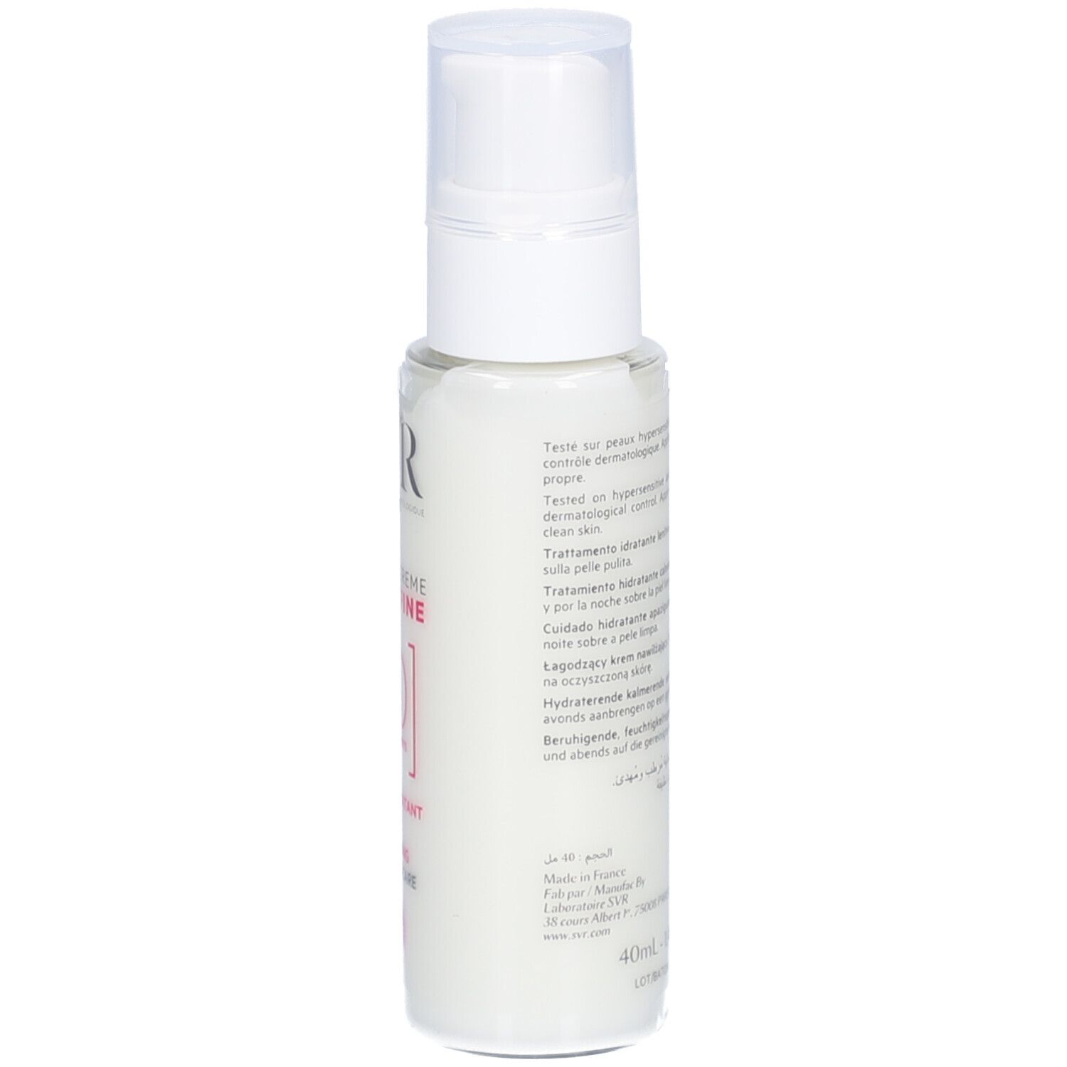 Weiße Flasche mit Text auf der Rückseite. Text in mehreren Sprachen. Hergestellt in Frankreich. Volumen: 40ml.