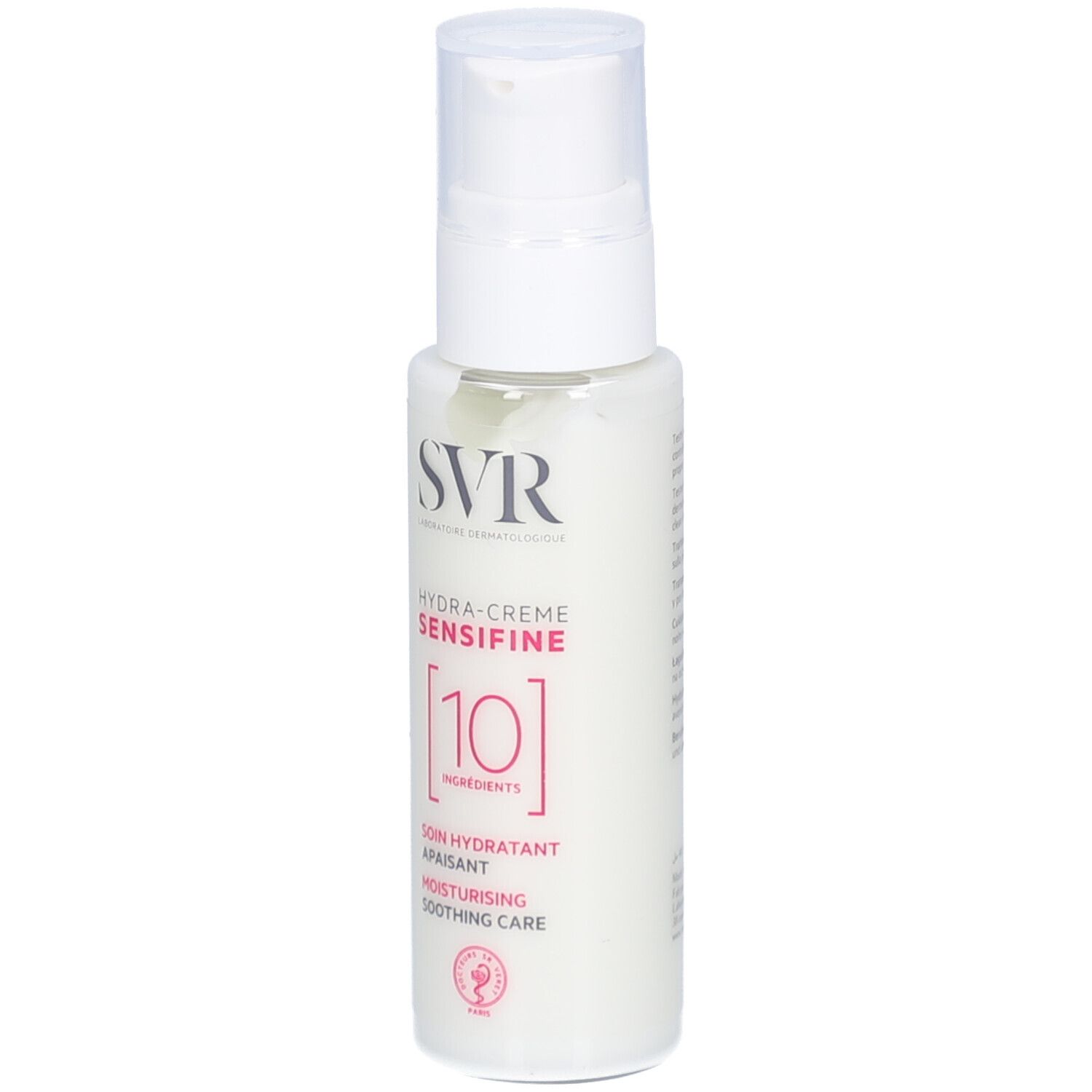 Weiße Flasche mit Dosierpumpe. Aufschrift: SVR, Hydra-Crème Sensifine [10]. Text: Soin hydratant apaisant, Moisturising soothing care.