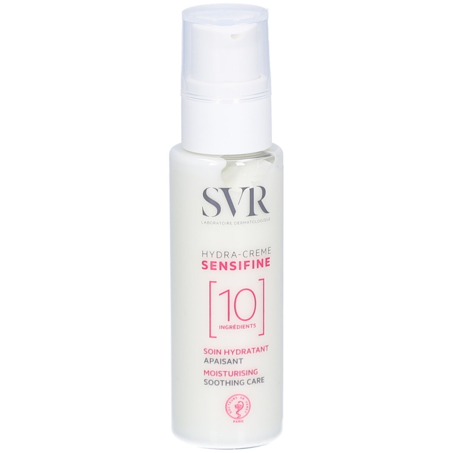 Weiße Flasche mit Dosierpumpe. Aufschrift: SVR, Hydra-Crème Sensifine [10]. Text: Soin hydratant apaisant, Moisturising soothing care.
