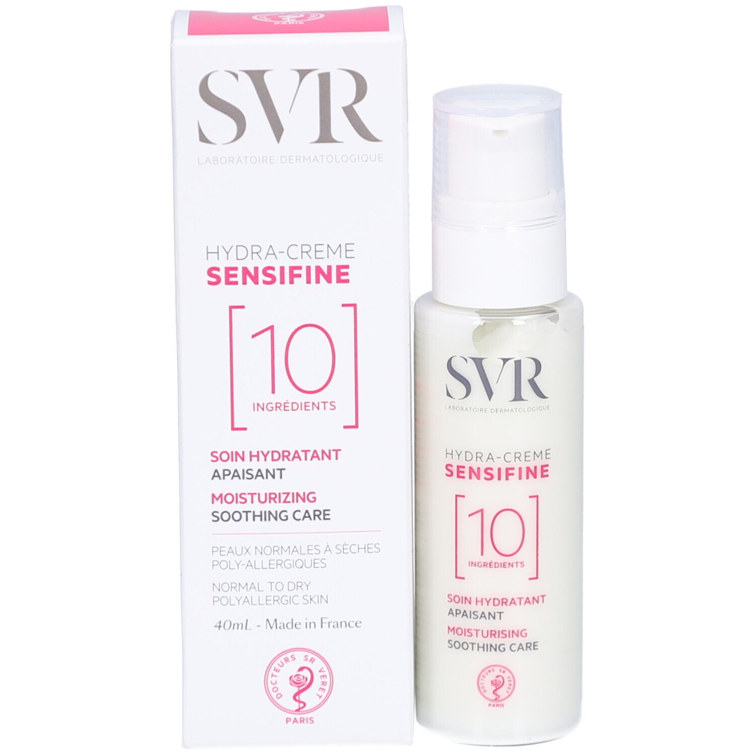 Produktverpackung und Flasche. Aufschrift: SVR, Hydra-Crème Sensifine [10]. Text: Soin hydratant apaisant, Moisturising soothing care.