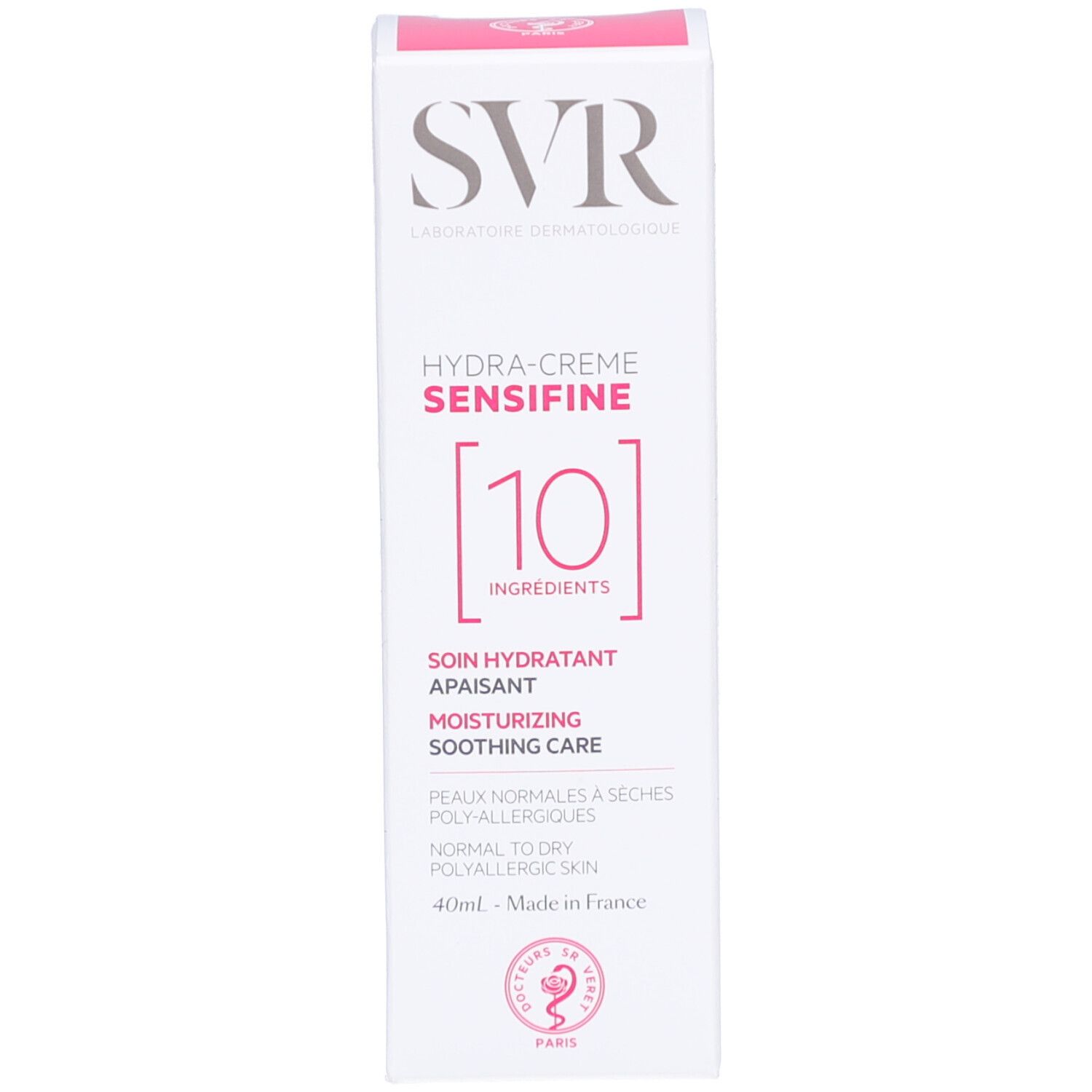 Produktverpackung. Aufschrift: SVR, Hydra-Crème Sensifine [10]. Text: Soin hydratant apaisant, Moisturising soothing care.