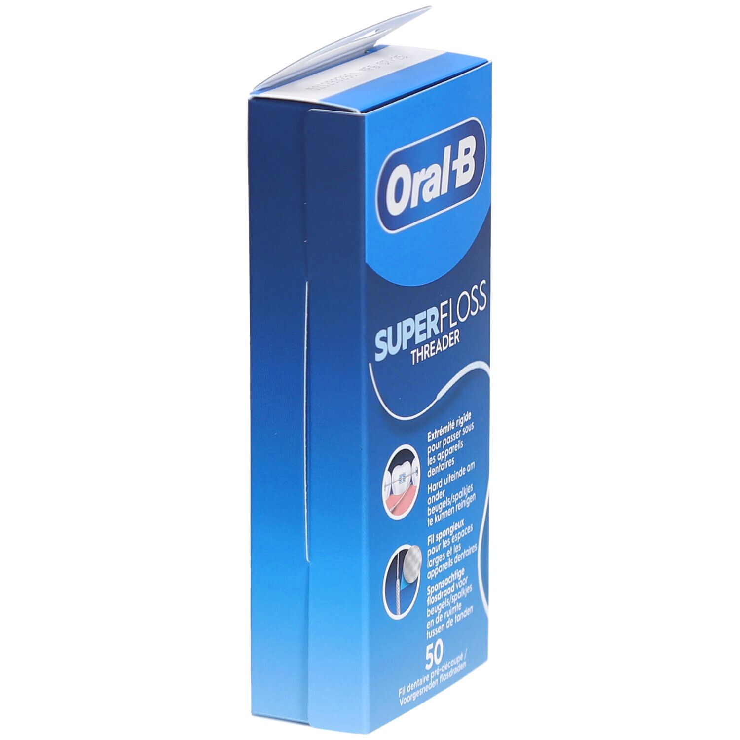 Blaue Verpackung von Oral-B Superfloss Threader. Produktname und Logo sichtbar. Enthält 50 Fäden.