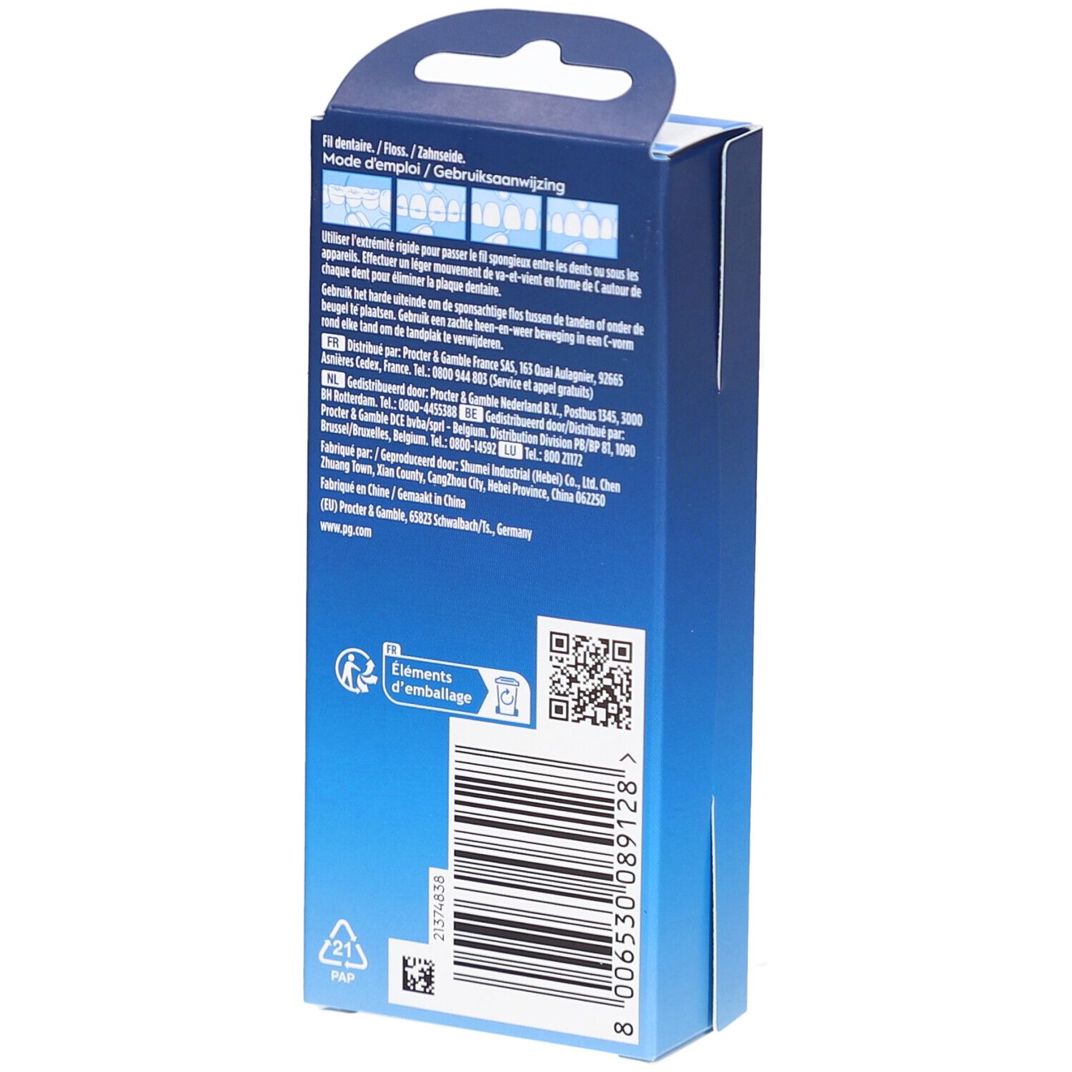 Rückseite der Oral-B Superfloss Threader-Verpackung. Text und Barcode sichtbar. Enthält Informationen zum Gebrauch.