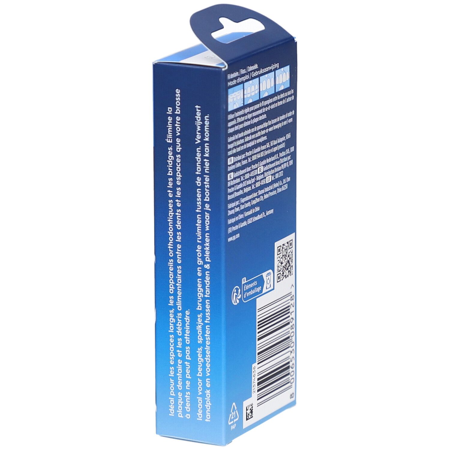 Seitenansicht der Oral-B Superfloss Threader-Verpackung. Text und Logo sichtbar. Enthält Informationen zum Gebrauch.