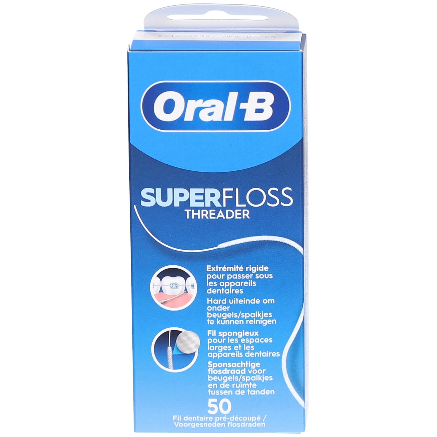 Oral-B Superfloss Threader-Verpackung. Blaue Schachtel mit Produktnamen und Illustrationen. Enthält 50 Fäden.