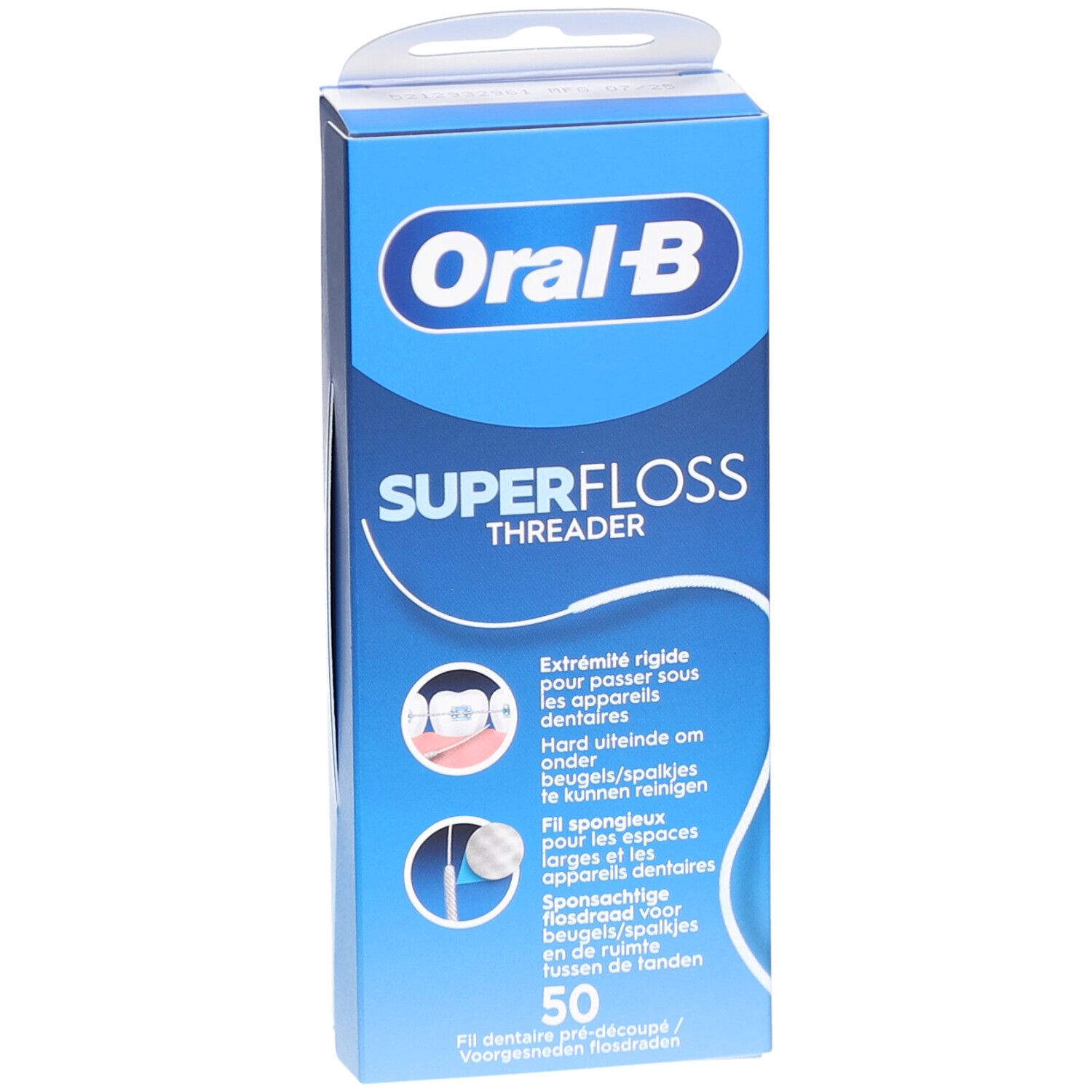 Oral-B Superfloss Threader-Verpackung. Blaue Schachtel mit Produktnamen und Illustrationen. Enthält 50 Fäden.