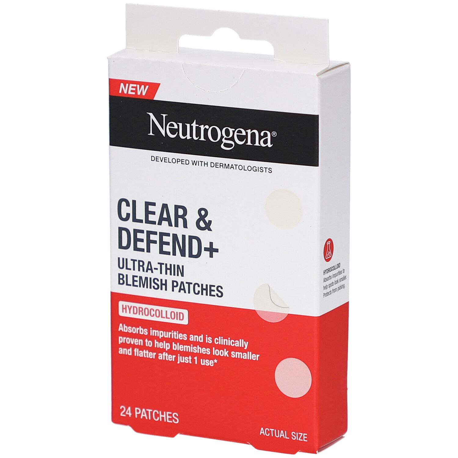 Neutrogena Clear & Defend+ Patch Boutons. Weiße Verpackung mit Produktabbildung und Text. 24 Patches.