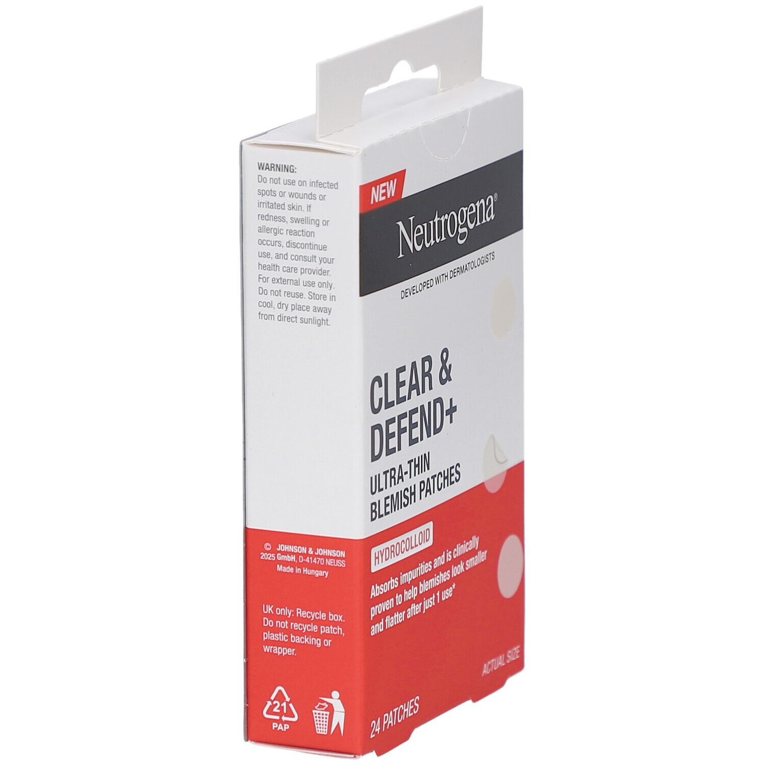 Neutrogena Clear & Defend+ Patch Boutons. Verpackung mit Produktinformationen. 24 Patches. Rückseite.
