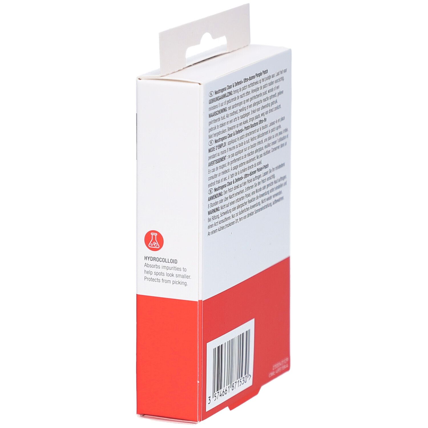 Neutrogena Clear & Defend+ Patch Boutons. Verpackung mit Produktinformationen. 24 Patches. Seite.