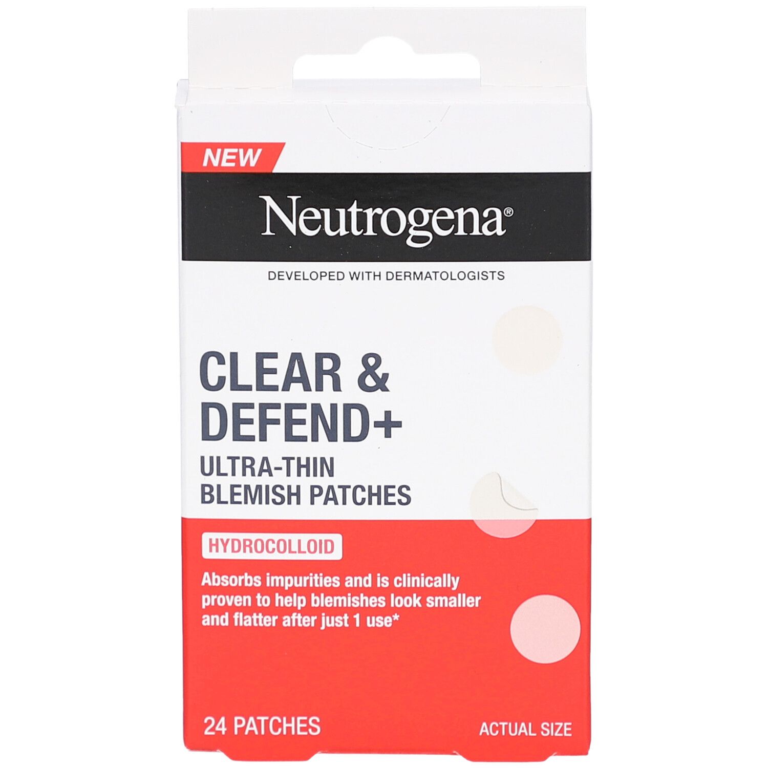 Neutrogena Clear & Defend+ Patch Boutons. Weiße Verpackung mit Produktabbildung und Text. 24 Patches.