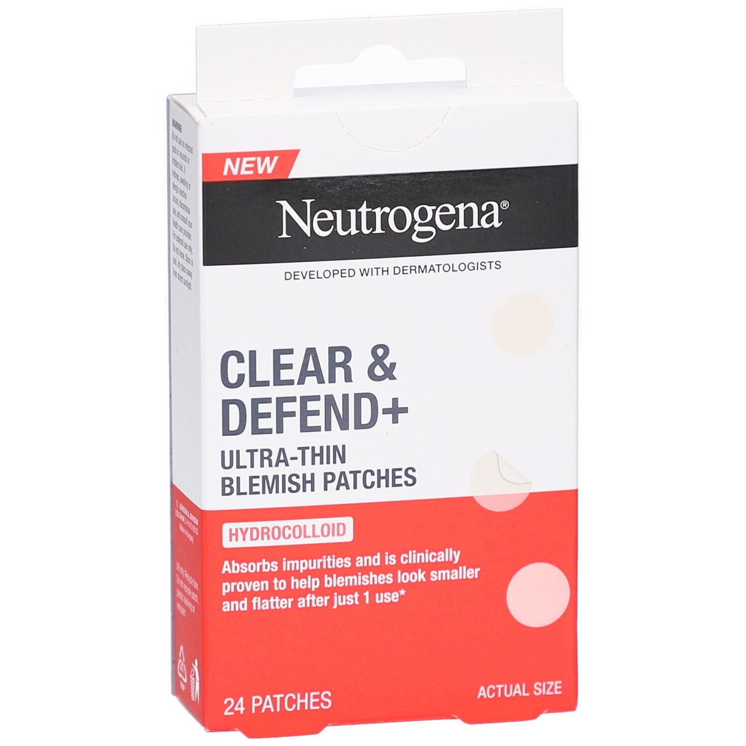 Neutrogena Clear & Defend+ Patch Boutons. Weiße Verpackung mit Produktabbildung und Text. 24 Patches.