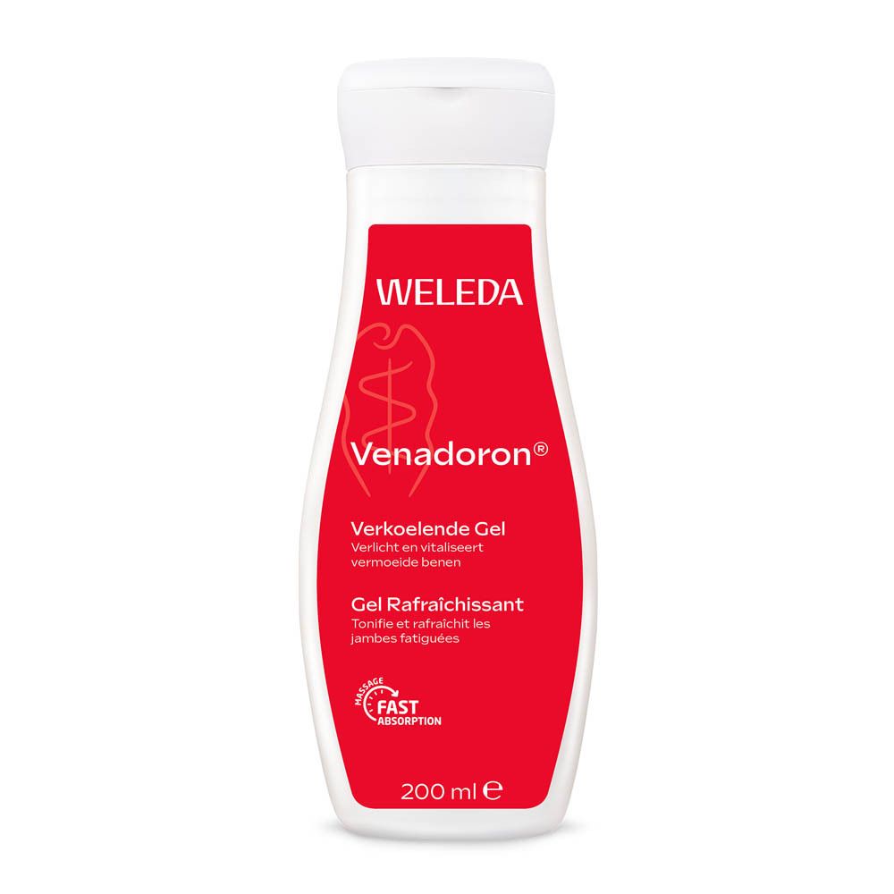 Gel rafraîchissant Weleda Venadoron. Flacon blanc, étiquette rouge. Inscription: Venadoron, 200 ml. Logo: Fast Absorption.