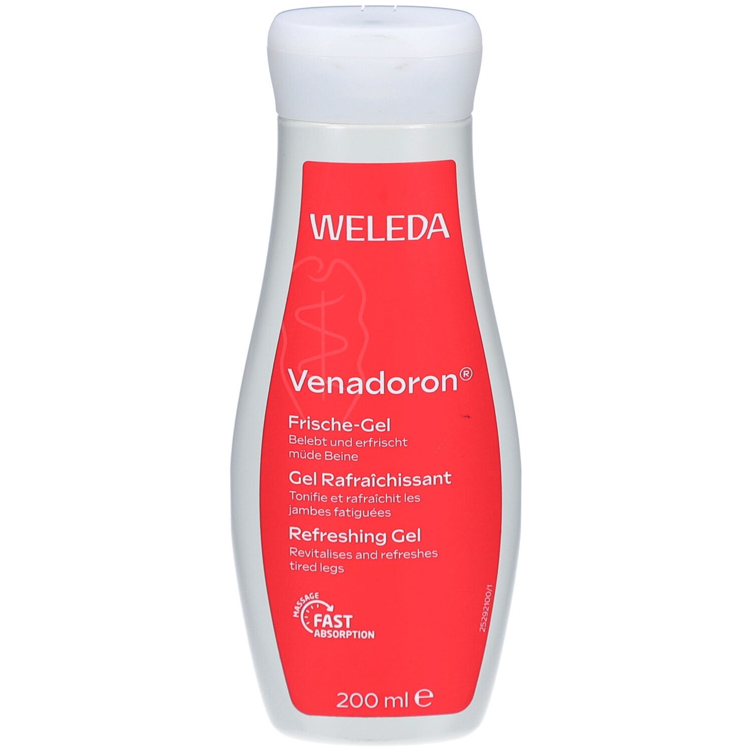 Weleda Venadoron Gel. Weiße Flasche mit rotem Etikett. Text: Venadoron, erfrischendes Gel, 200 ml. Logo: Fast Absorption.