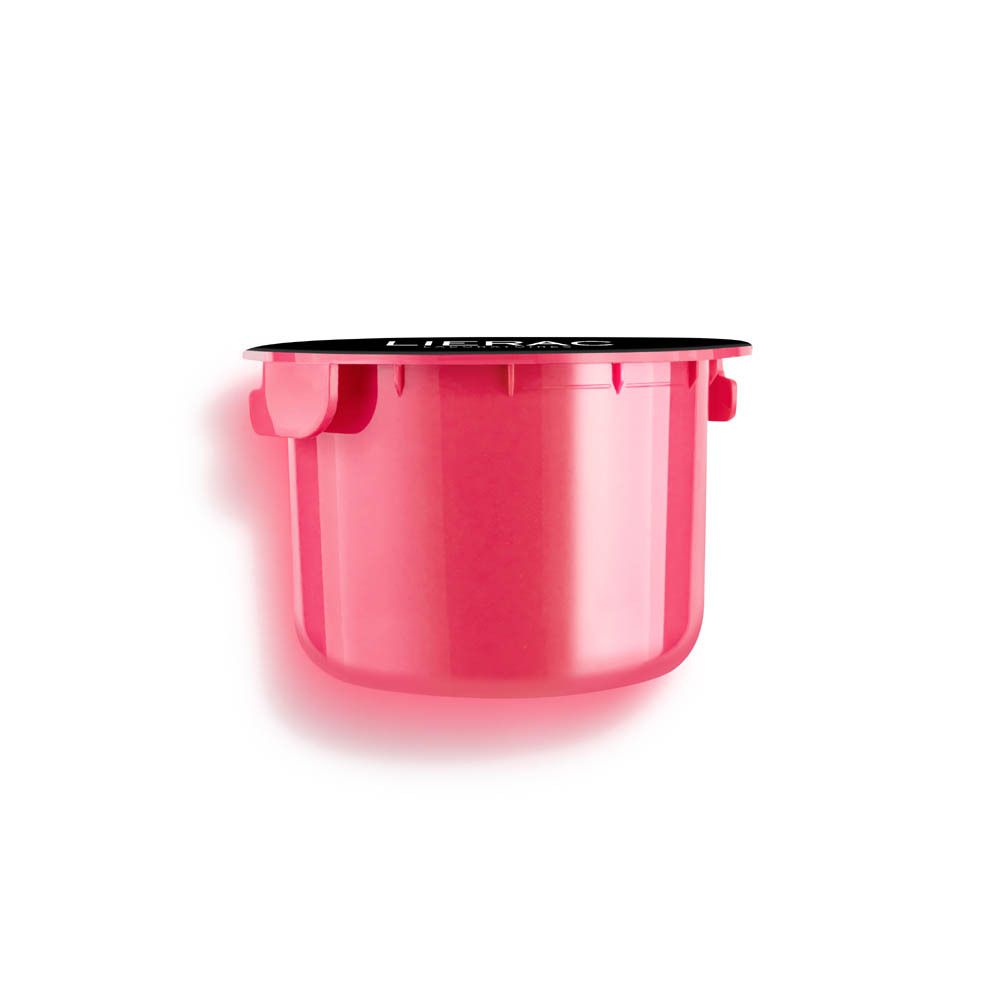 Récipient rose avec couvercle noir. Inscriptions : Lierac. Produit de soin de la peau.
