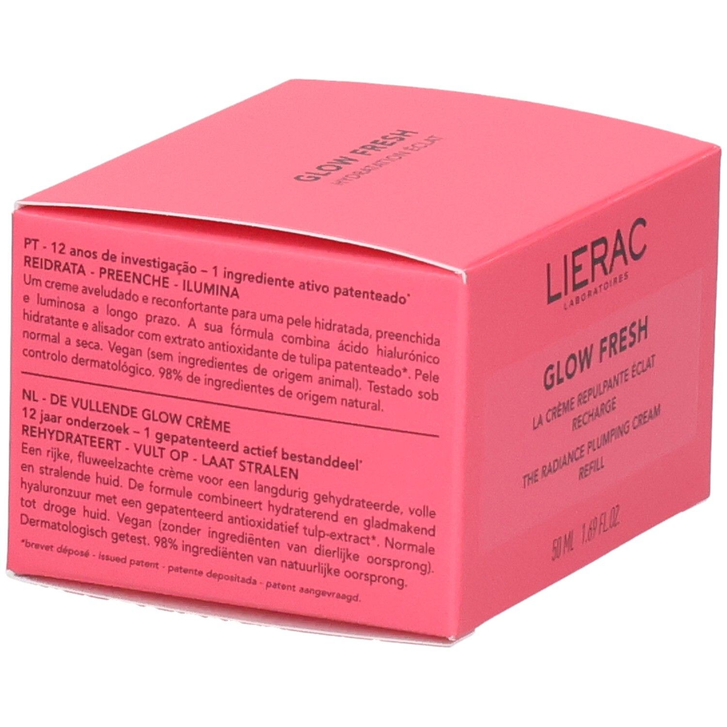 Rosa Kartonverpackung. Text in mehreren Sprachen. Aufschrift: Lierac, Glow Fresh, Recharge.
