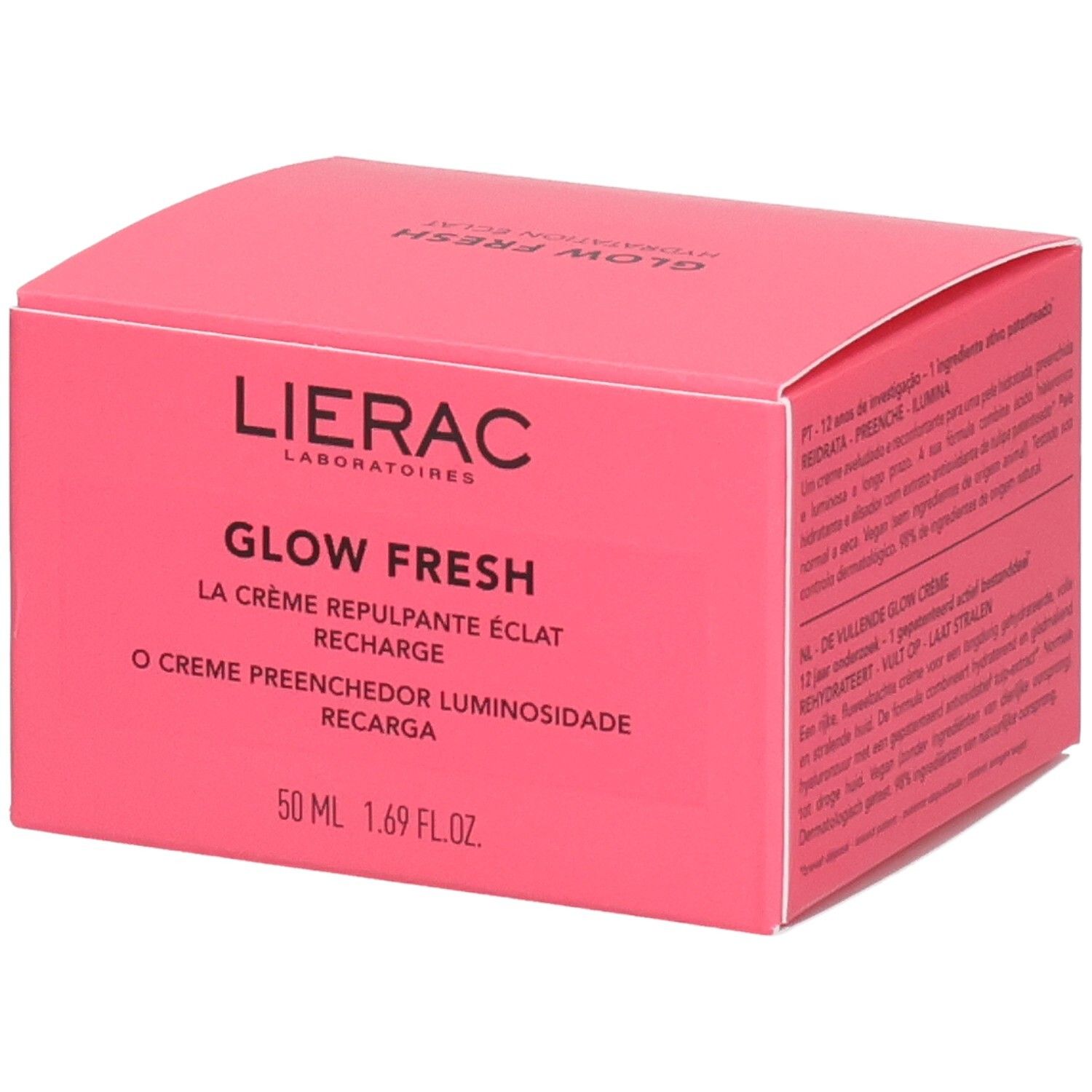 Rosa Kartonverpackung. Text in mehreren Sprachen. Aufschrift: Lierac, Glow Fresh, Recharge.