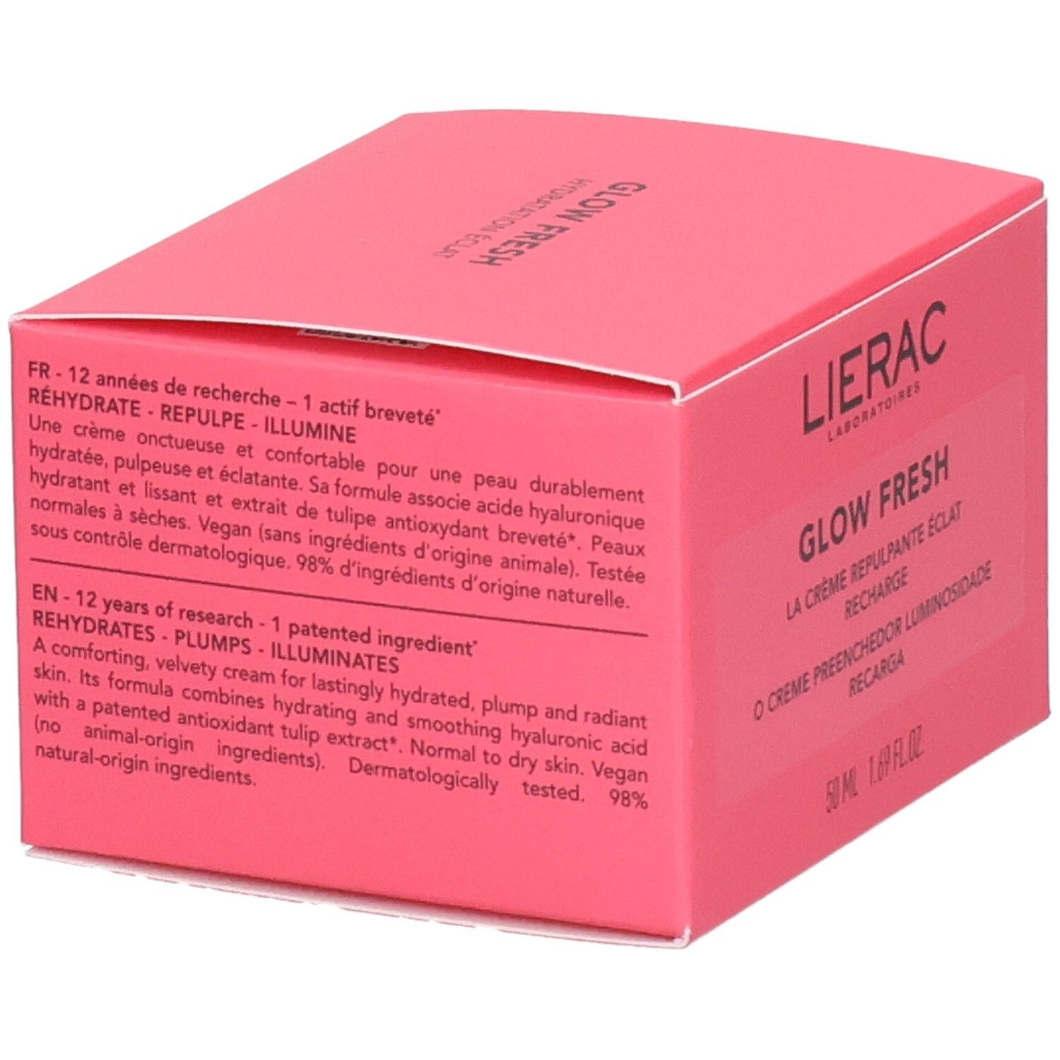 Rosa Kartonverpackung. Text in mehreren Sprachen. Aufschrift: Lierac, Glow Fresh, Recharge.