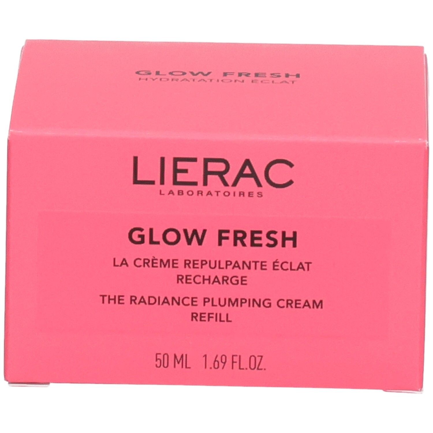 Rosa Kartonverpackung. Aufschrift: Lierac, Glow Fresh, La Crème Repulpante Éclat Recharge, 50 ml.