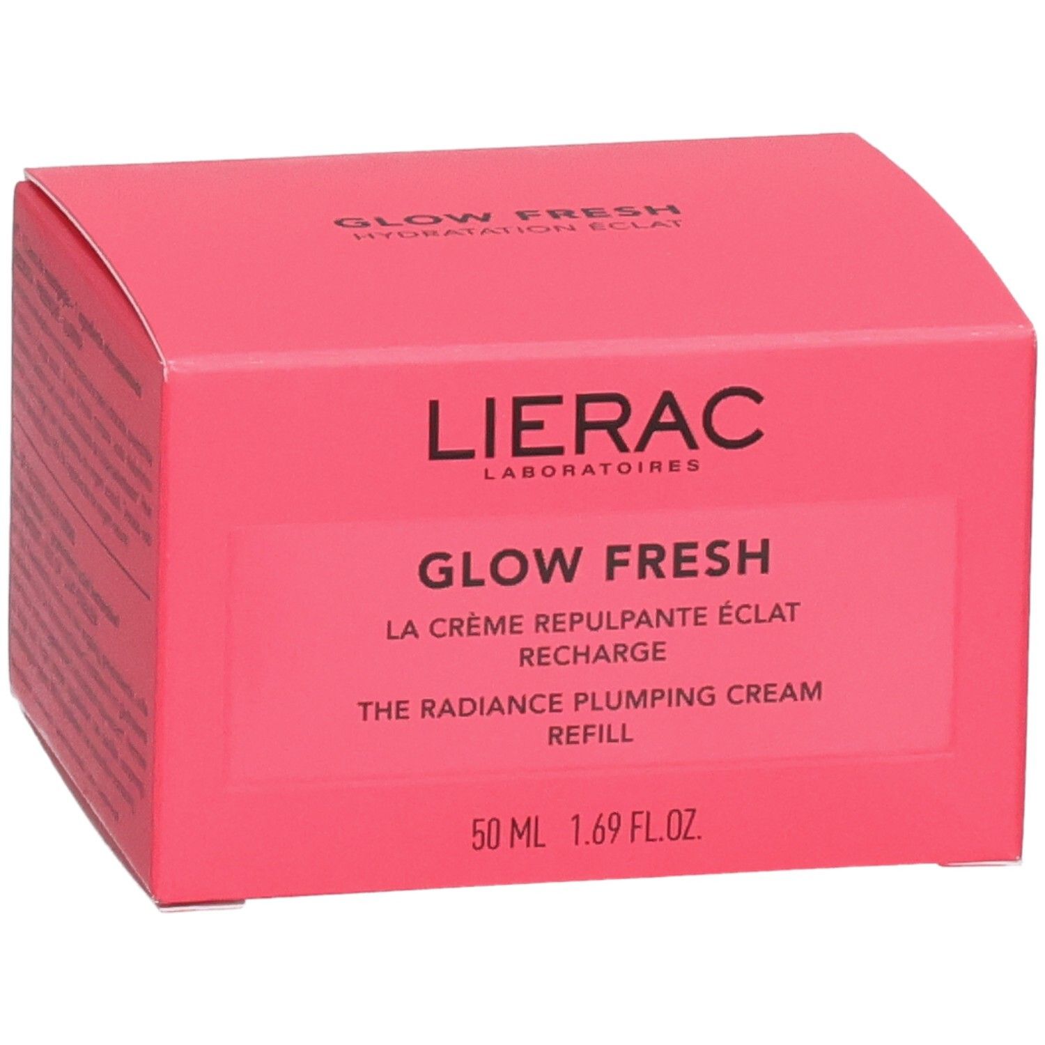 Rosa Kartonverpackung. Aufschrift: Lierac, Glow Fresh, La Crème Repulpante Éclat Recharge, 50 ml.