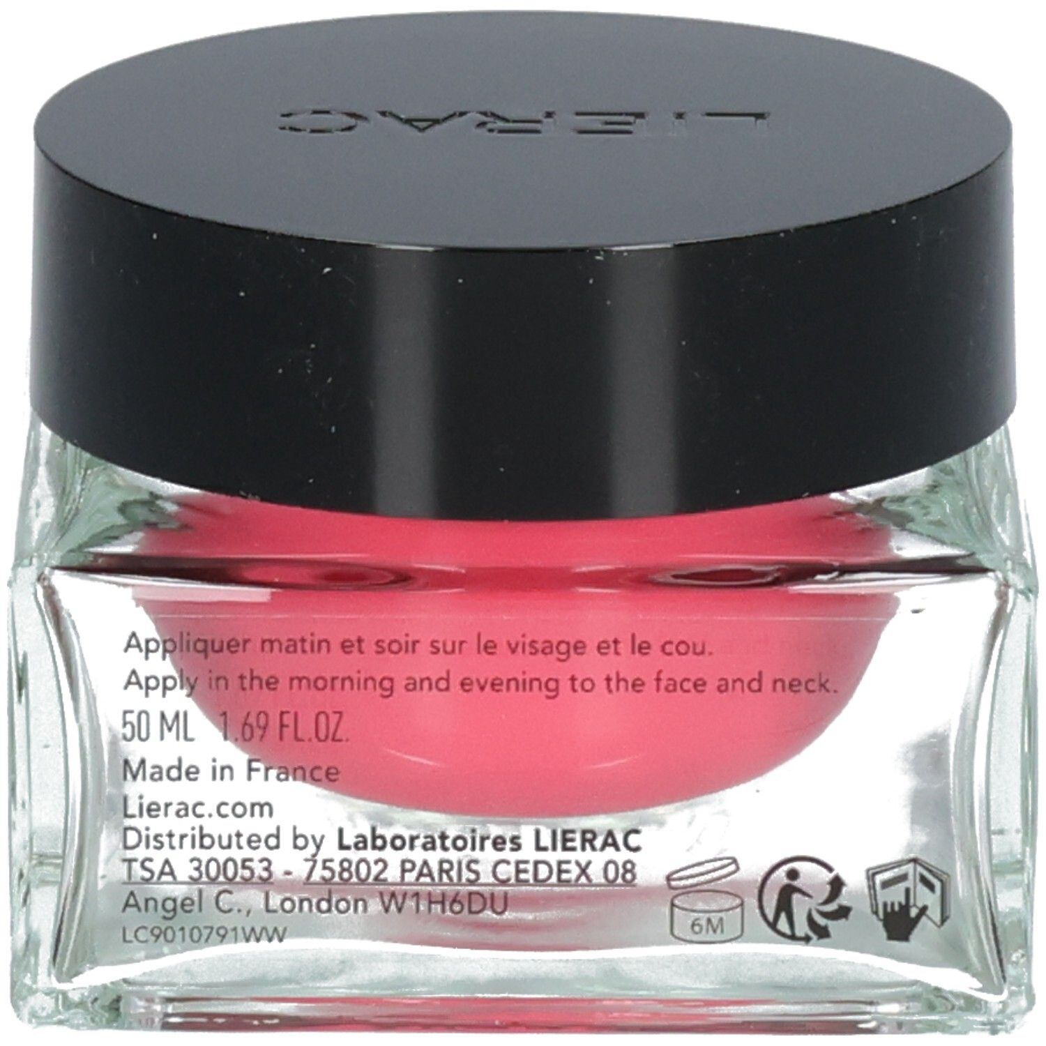 Glasbehälter mit rosa Creme und schwarzem Deckel. Text auf dem Etikett.