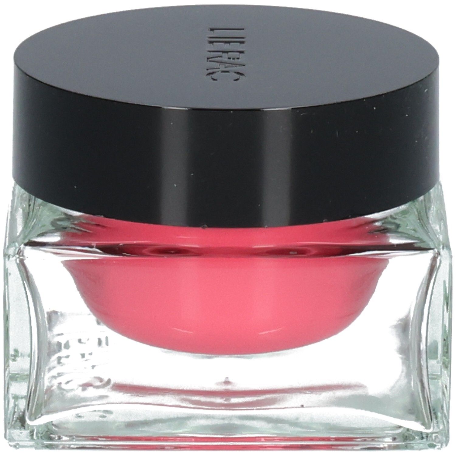 Glasbehälter mit rosa Creme und schwarzem Deckel. Lierac-Logo auf dem Deckel.