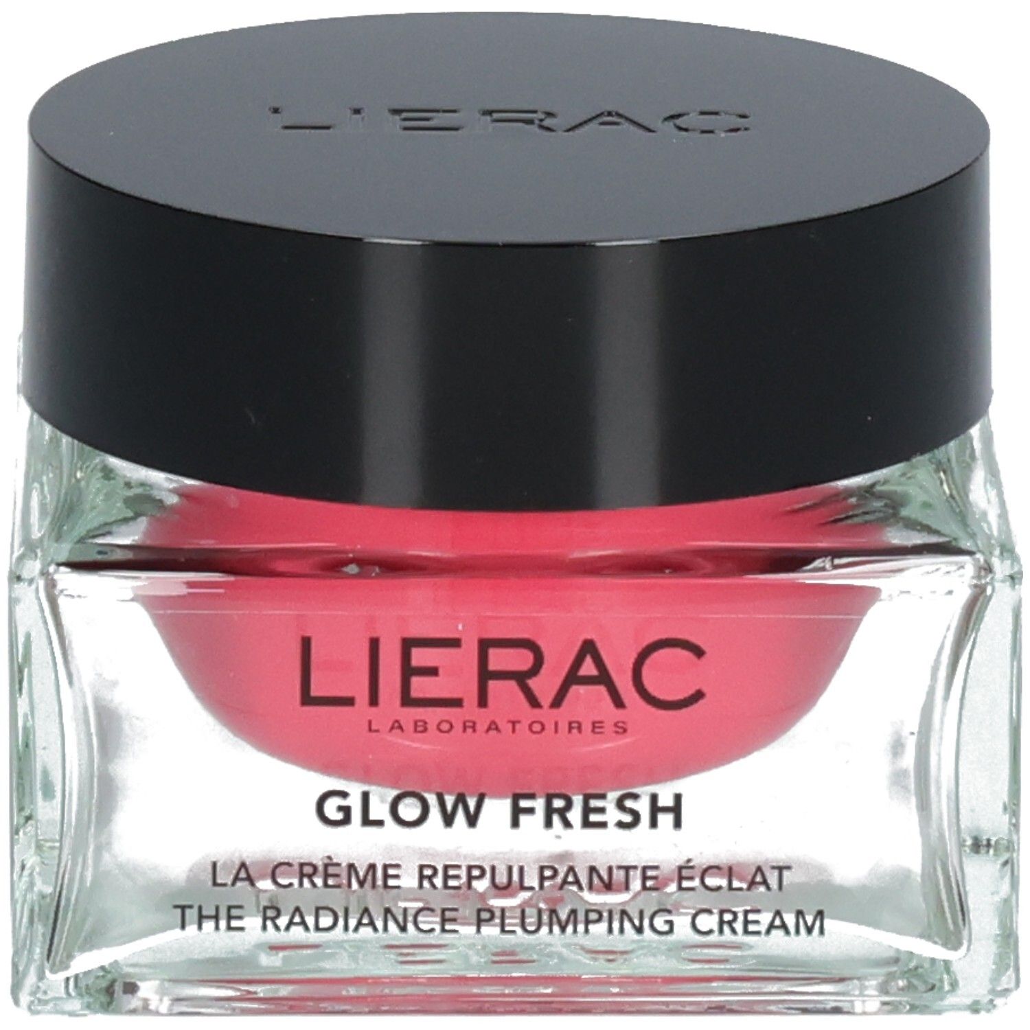 Glasbehälter mit rosa Creme und schwarzem Deckel. Lierac-Logo und Produktname.