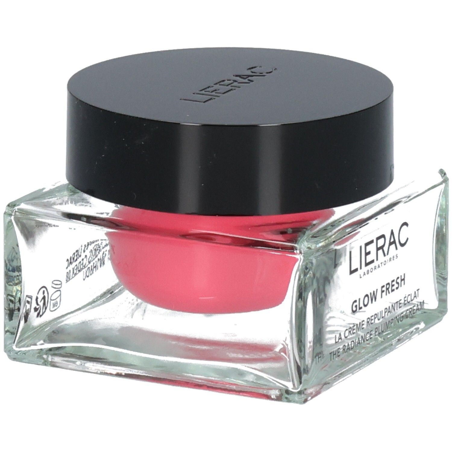 Glasbehälter mit rosa Creme und schwarzem Deckel. Lierac-Logo und Produktname.