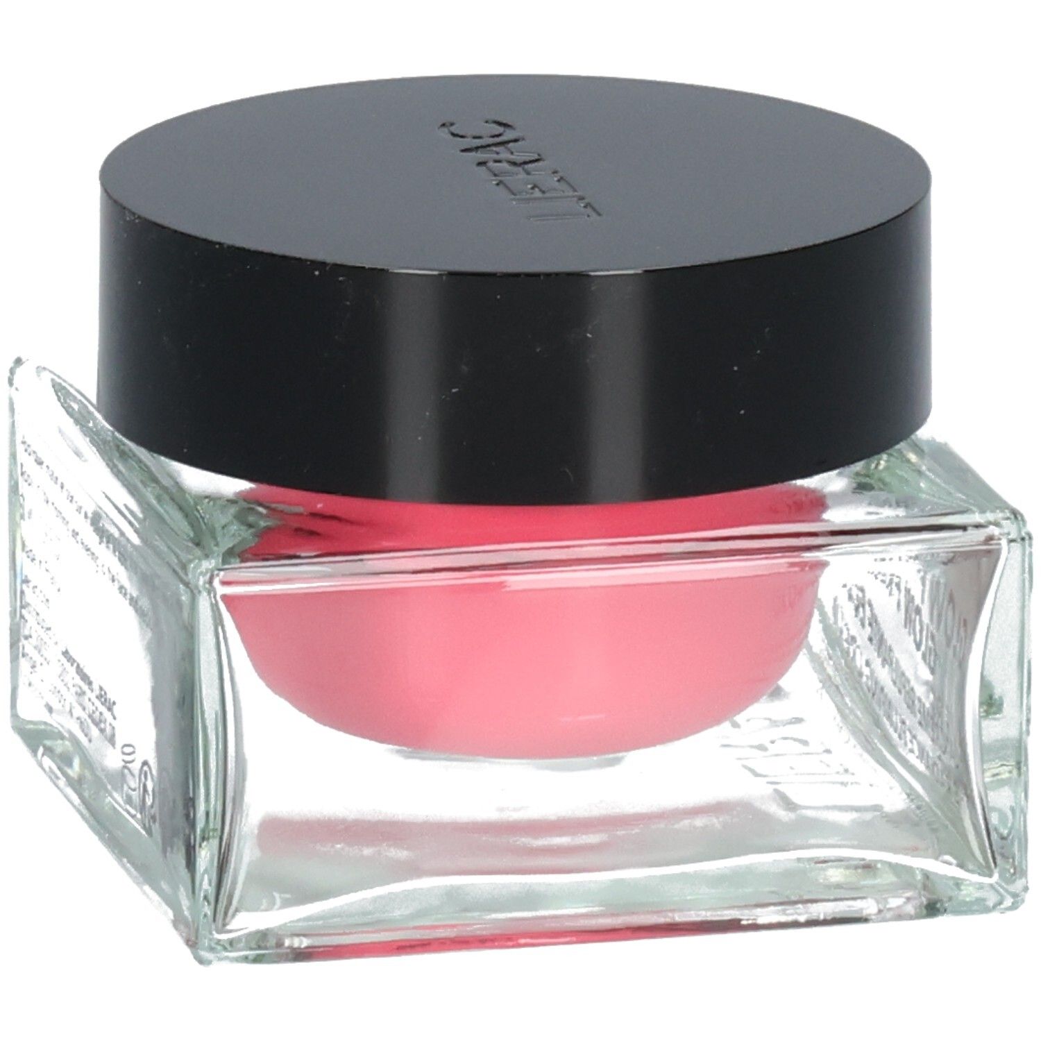Glasbehälter mit rosa Creme und schwarzem Deckel. Lierac-Logo auf dem Deckel.