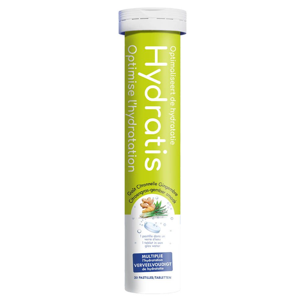 Emballage cylindrique Hydratis. Goût citronnelle-gingembre. Contient 20 comprimés effervescents. Optimise l'hydratation.