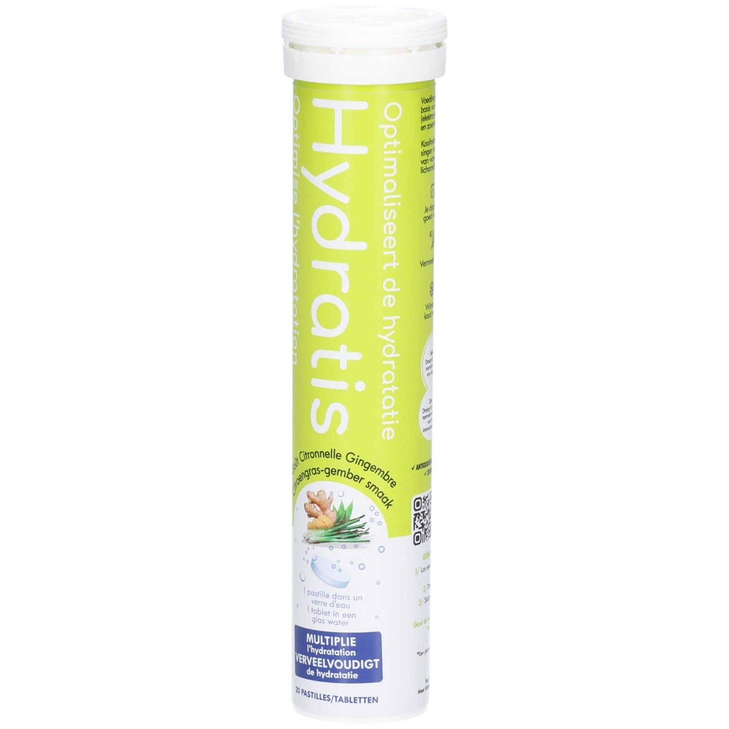 Zylindrische Verpackung mit Hydratis-Logo. Geschmack: Zitronengras-Ingwer. Enthält 20 Brausetabletten. Optimiert die Hydratation.