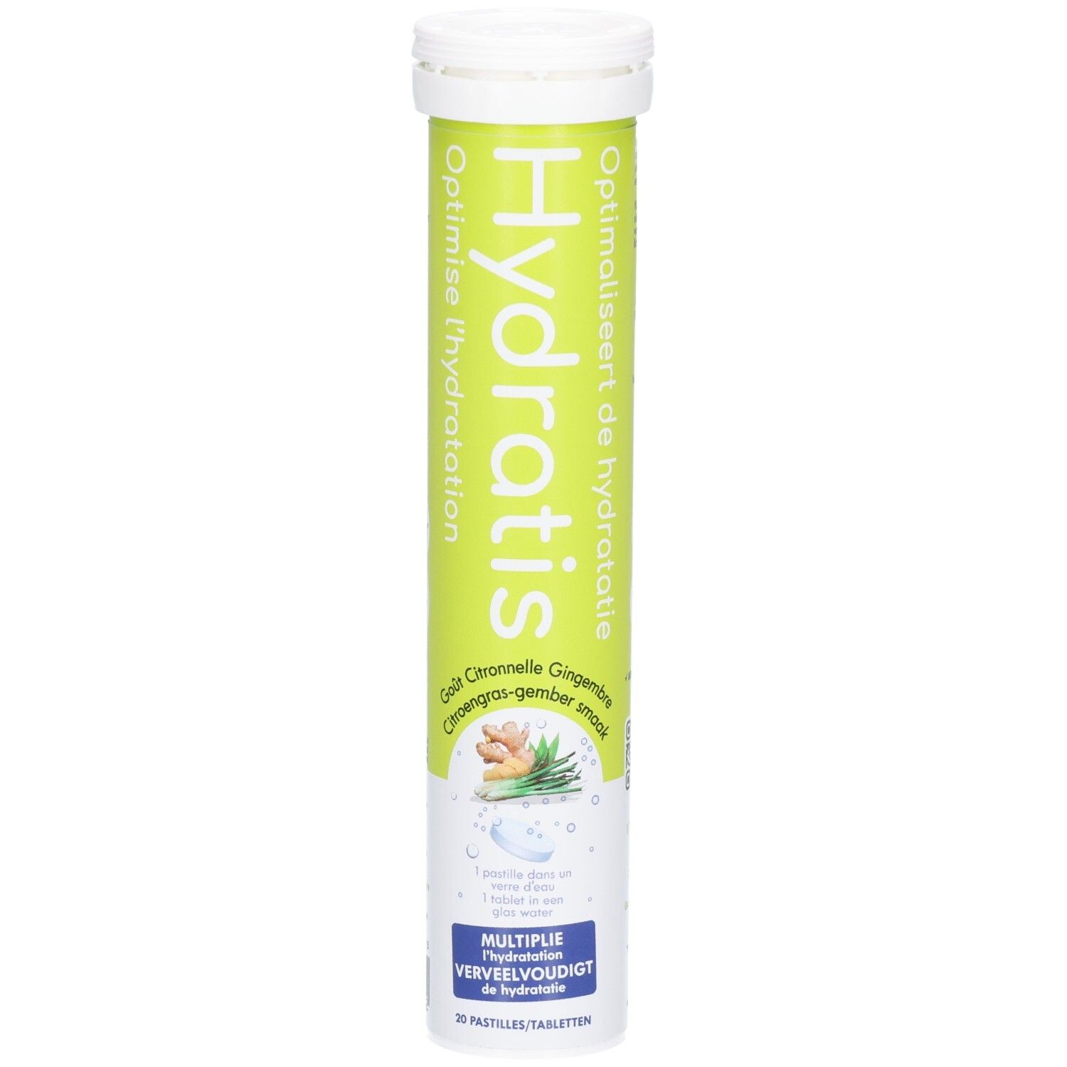 Zylindrische Verpackung mit Hydratis-Logo. Geschmack: Zitronengras-Ingwer. Enthält 20 Brausetabletten. Optimiert die Hydratation.