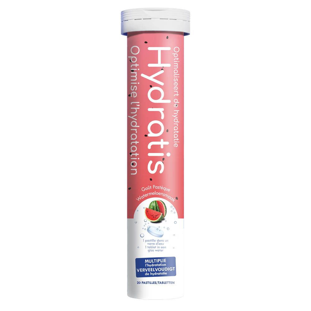 Emballage cylindrique de comprimés Hydratis. Design rose et blanc, illustration de pastèque et nom du produit.