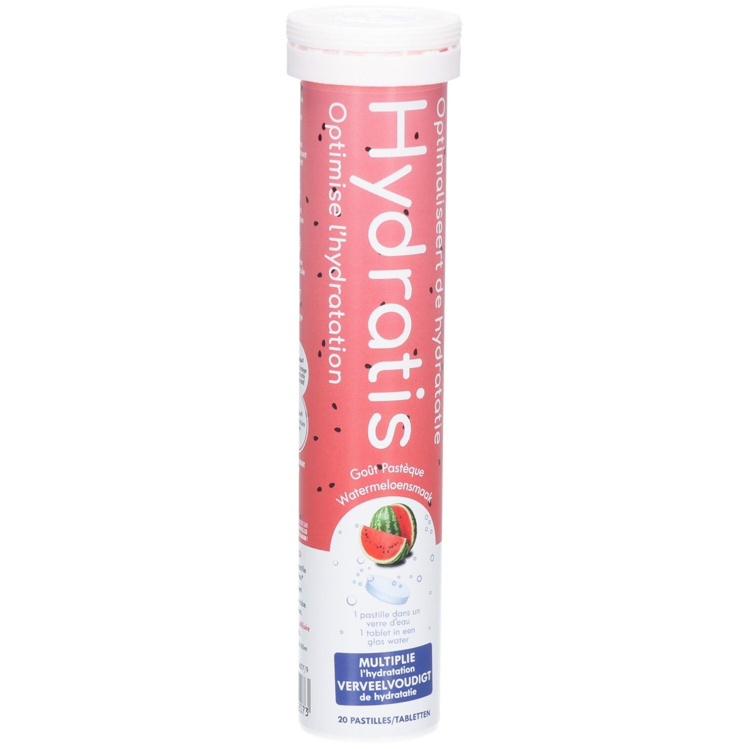 Zylindrische Verpackung mit Hydratis-Tabletten. Rosa-weißes Design mit Wassermelonen-Illustration und Produktnamen.