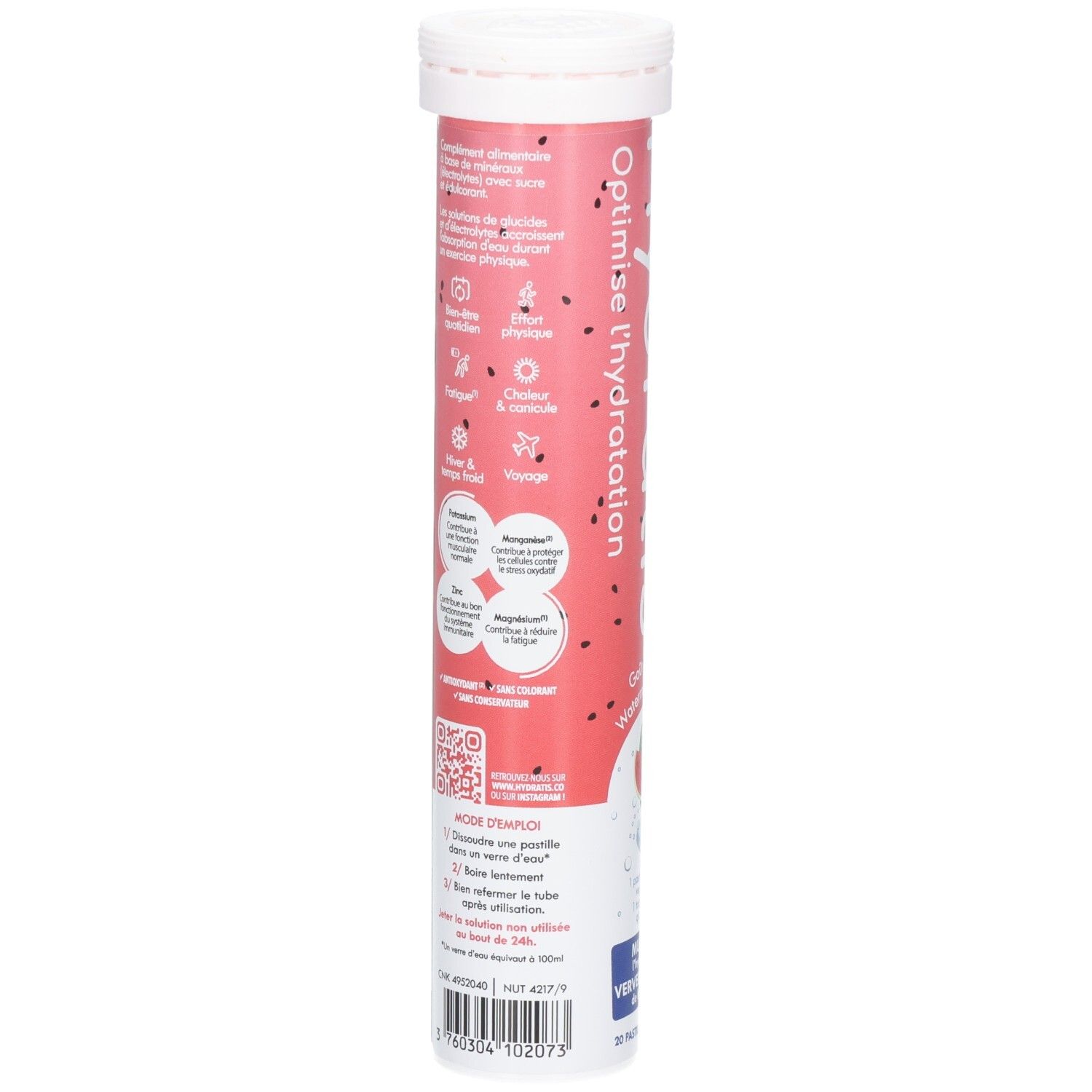 Rückseite der Hydratis-Verpackung. Rosa Hintergrund mit Text, QR-Code und Produktinformationen.