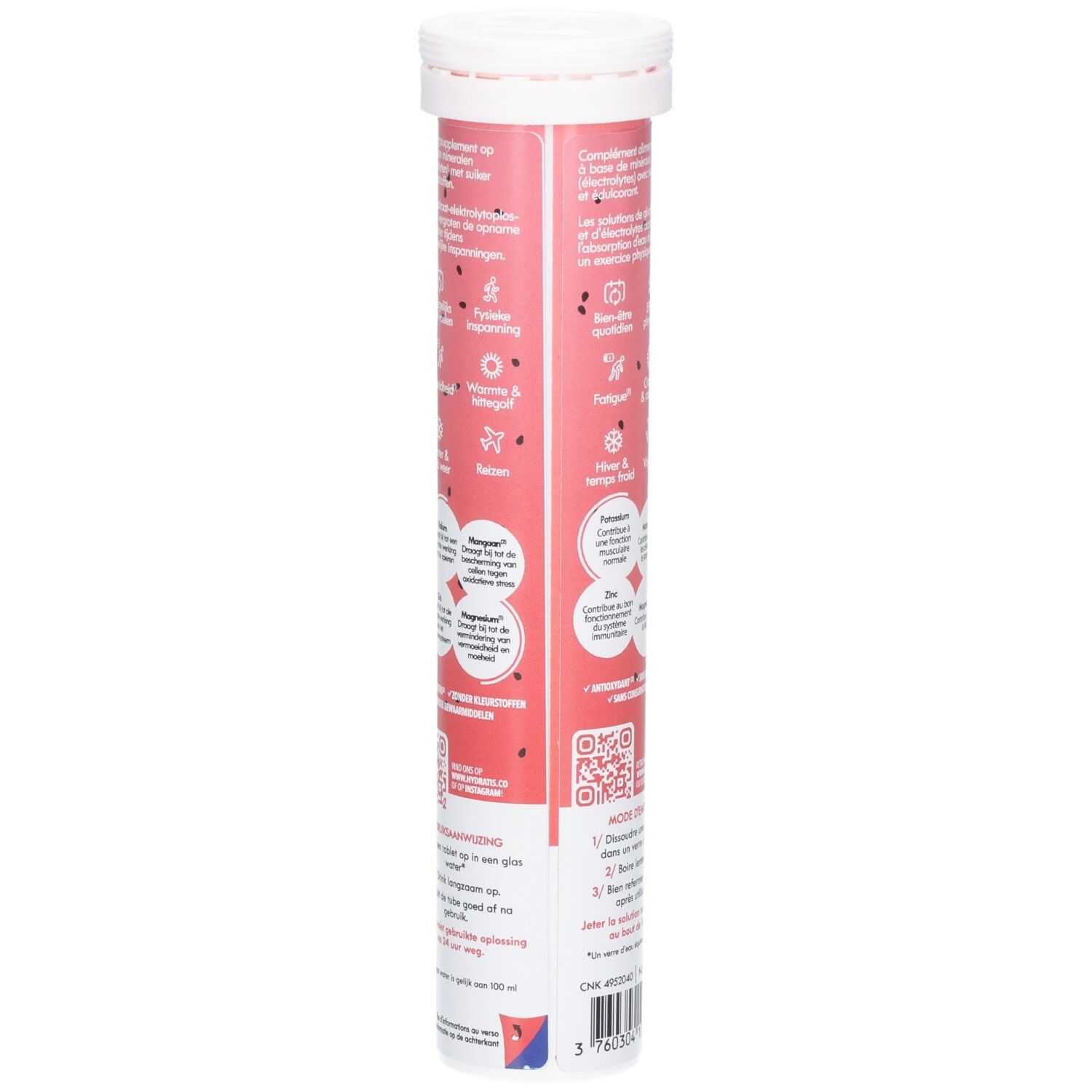 Rückseite der Hydratis-Verpackung. Rosa Hintergrund mit Text, QR-Code und Produktinformationen.
