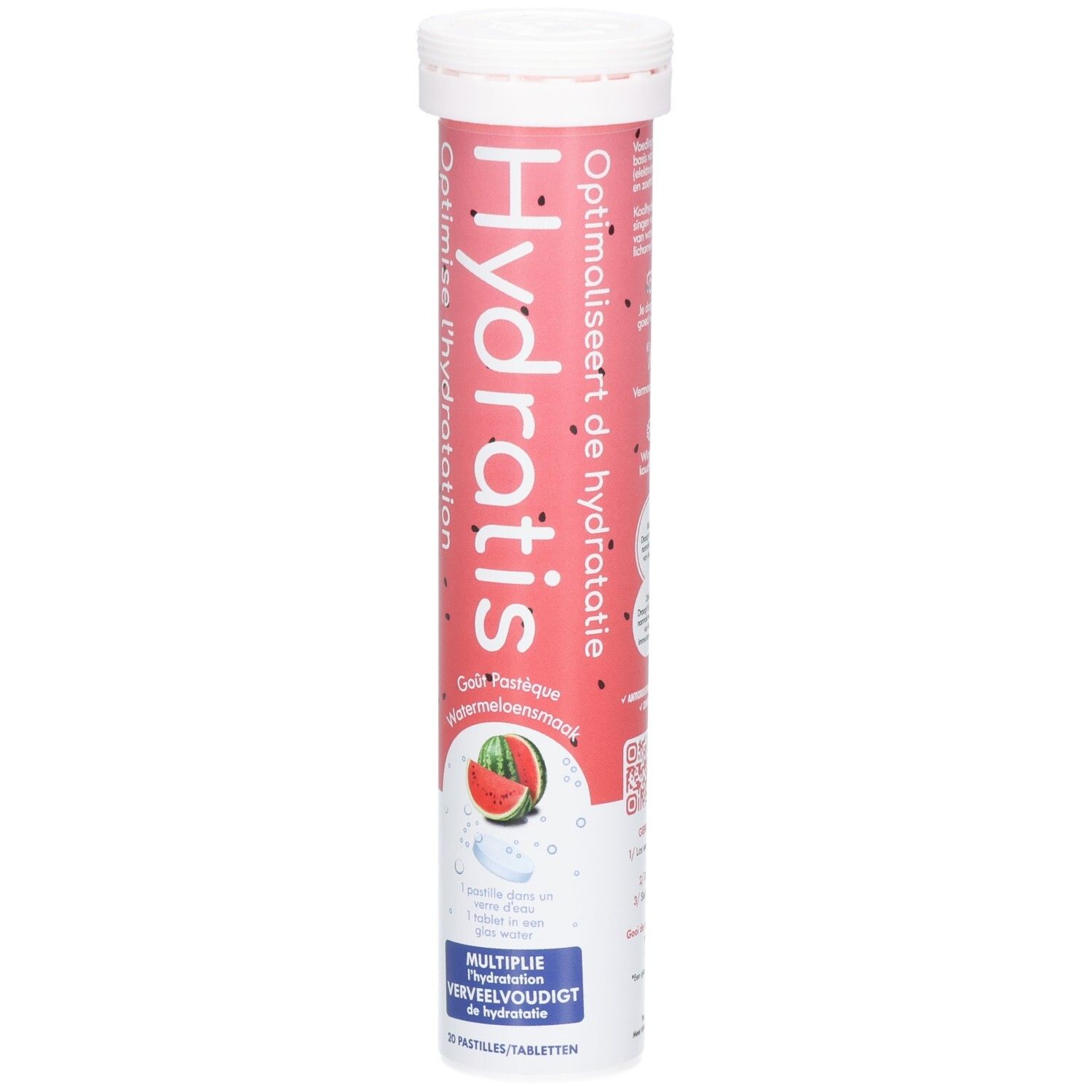 Zylindrische Verpackung mit Hydratis-Tabletten. Rosa-weißes Design mit Wassermelonen-Illustration und Produktnamen.