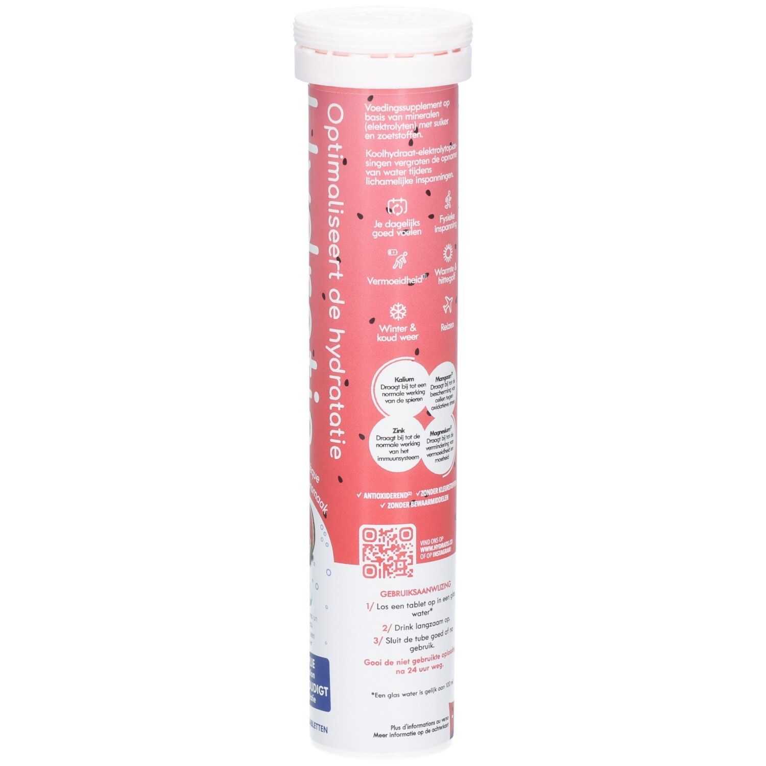Rückseite der Hydratis-Verpackung. Rosa Hintergrund mit Text, QR-Code und Produktinformationen.