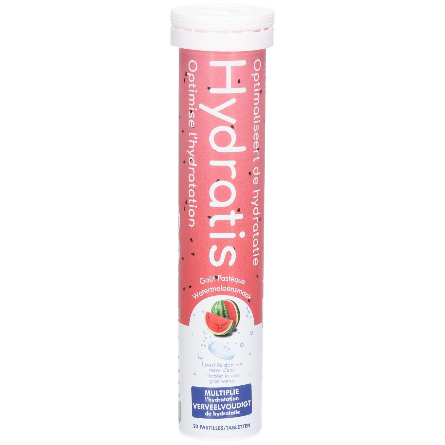 Zylindrische Verpackung mit Hydratis-Tabletten. Rosa-weißes Design mit Wassermelonen-Illustration und Produktnamen.