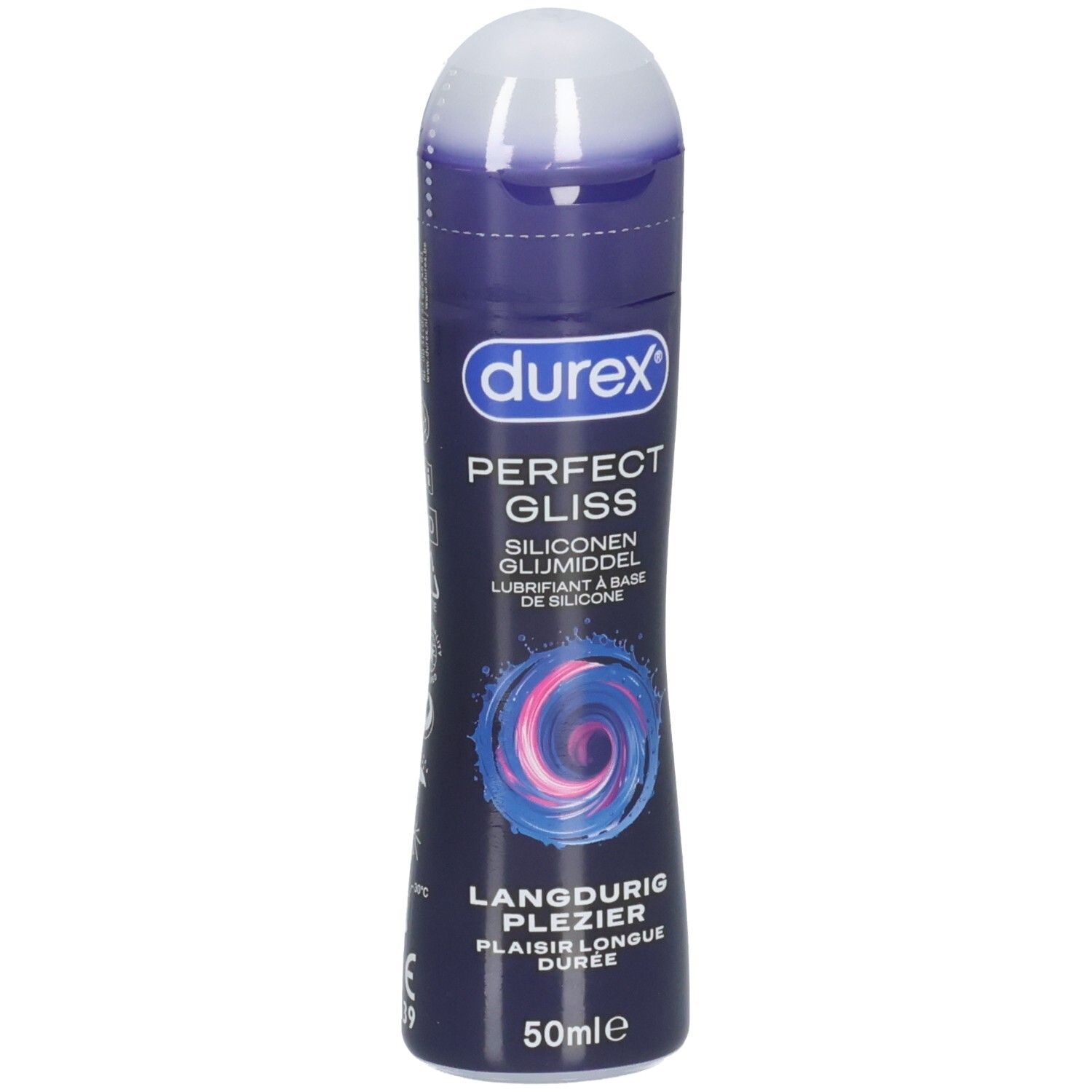 Dunkelblaue Flasche mit weißem Deckel. Aufschrift: Durex Perfect Gliss. Enthält 50ml. Silikon-Gleitmittel.
