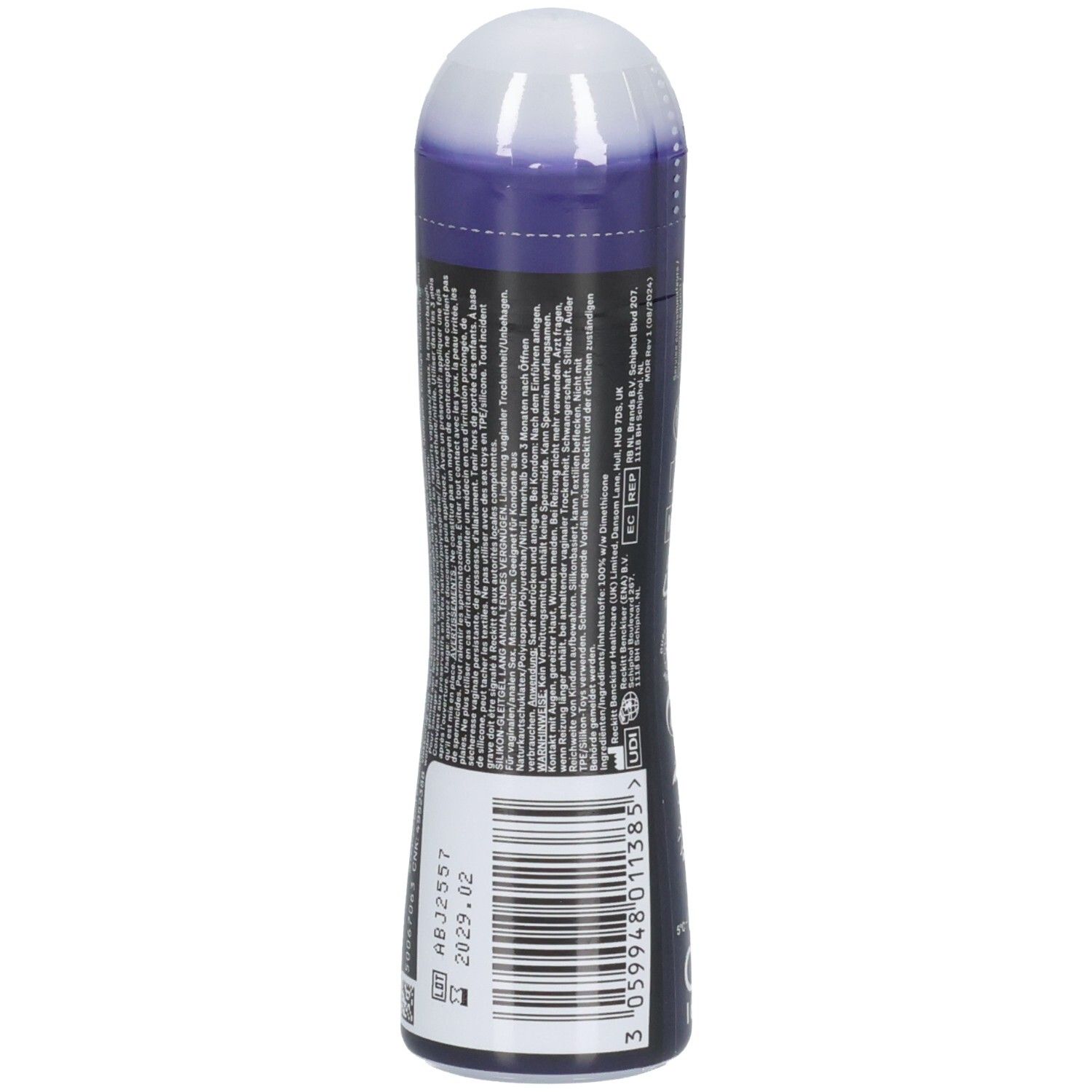 Rückseite der Flasche mit Text. Barcode und Verfallsdatum 2029.02.