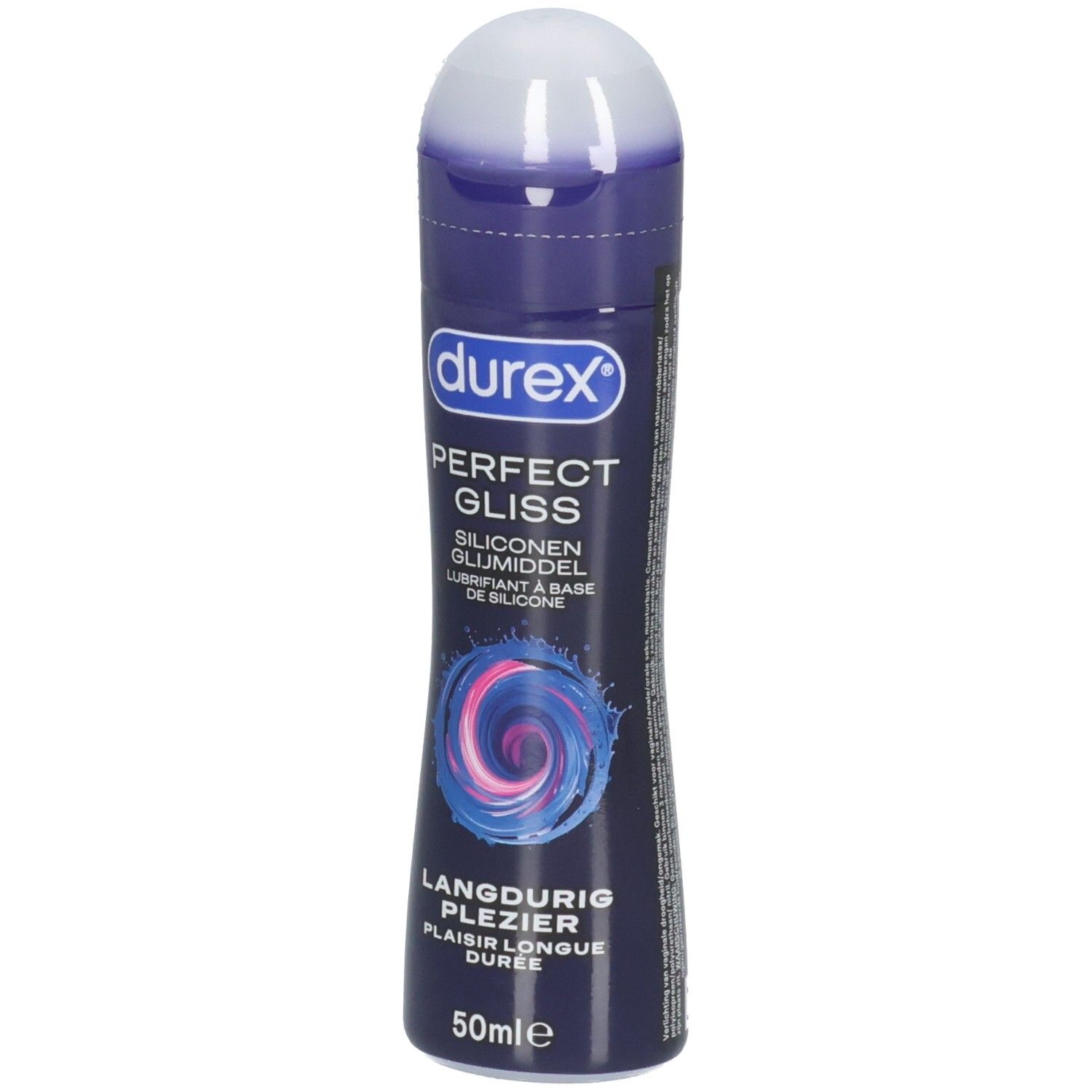 Dunkelblaue Flasche mit weißem Deckel. Aufschrift: Durex Perfect Gliss. Enthält 50ml. Silikon-Gleitmittel.