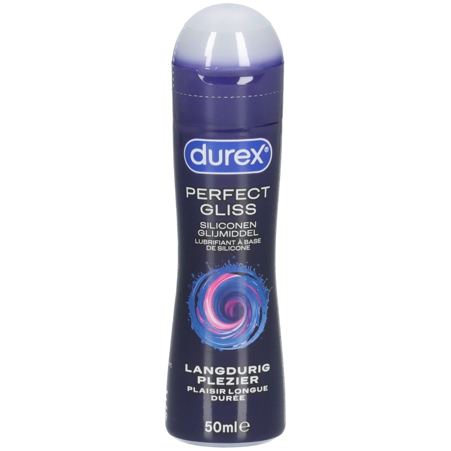 Dunkelblaue Flasche mit weißem Deckel. Aufschrift: Durex Perfect Gliss. Enthält 50ml. Silikon-Gleitmittel.